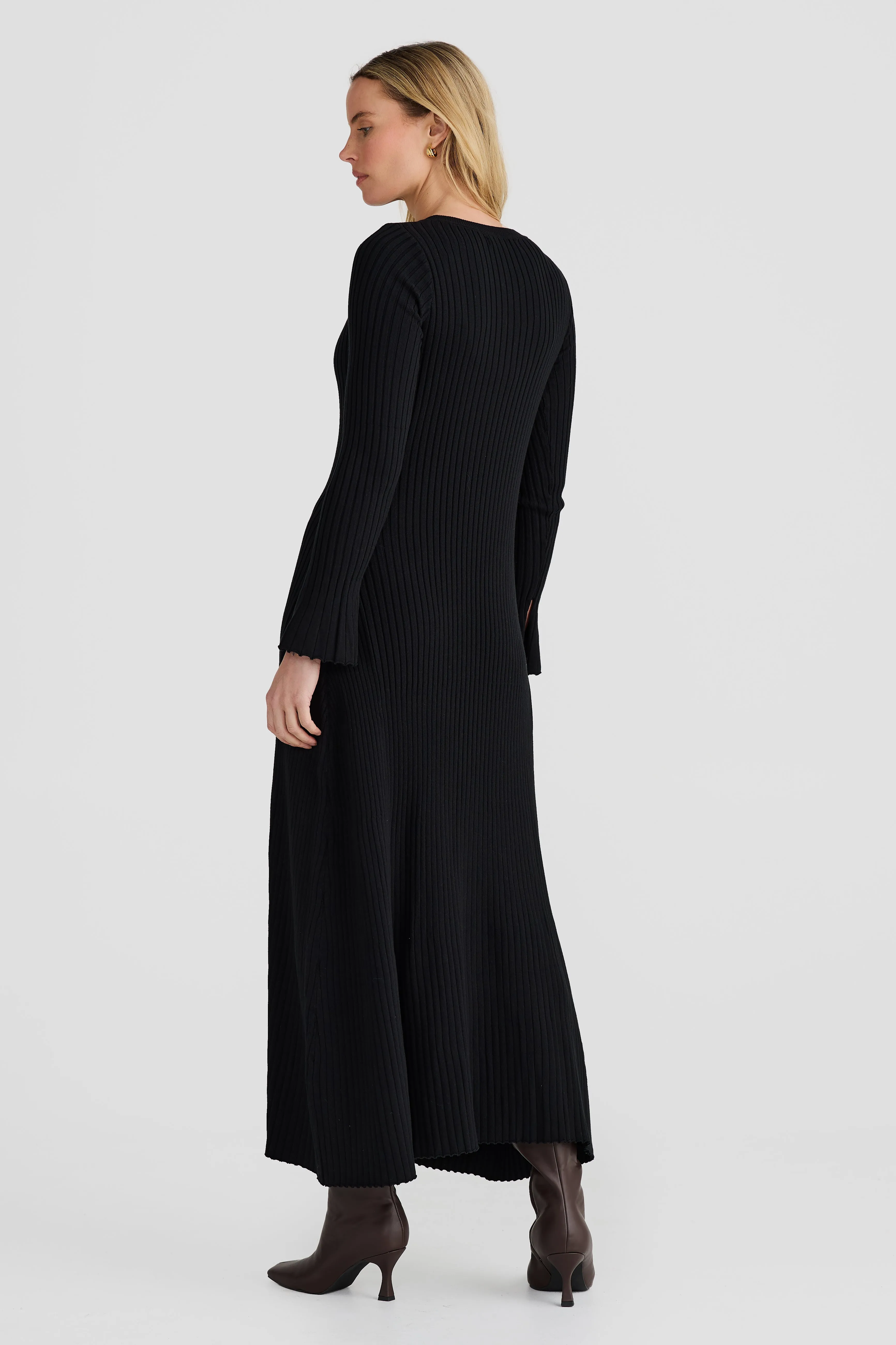 Long Sleeve Rib Knit Dress - Black