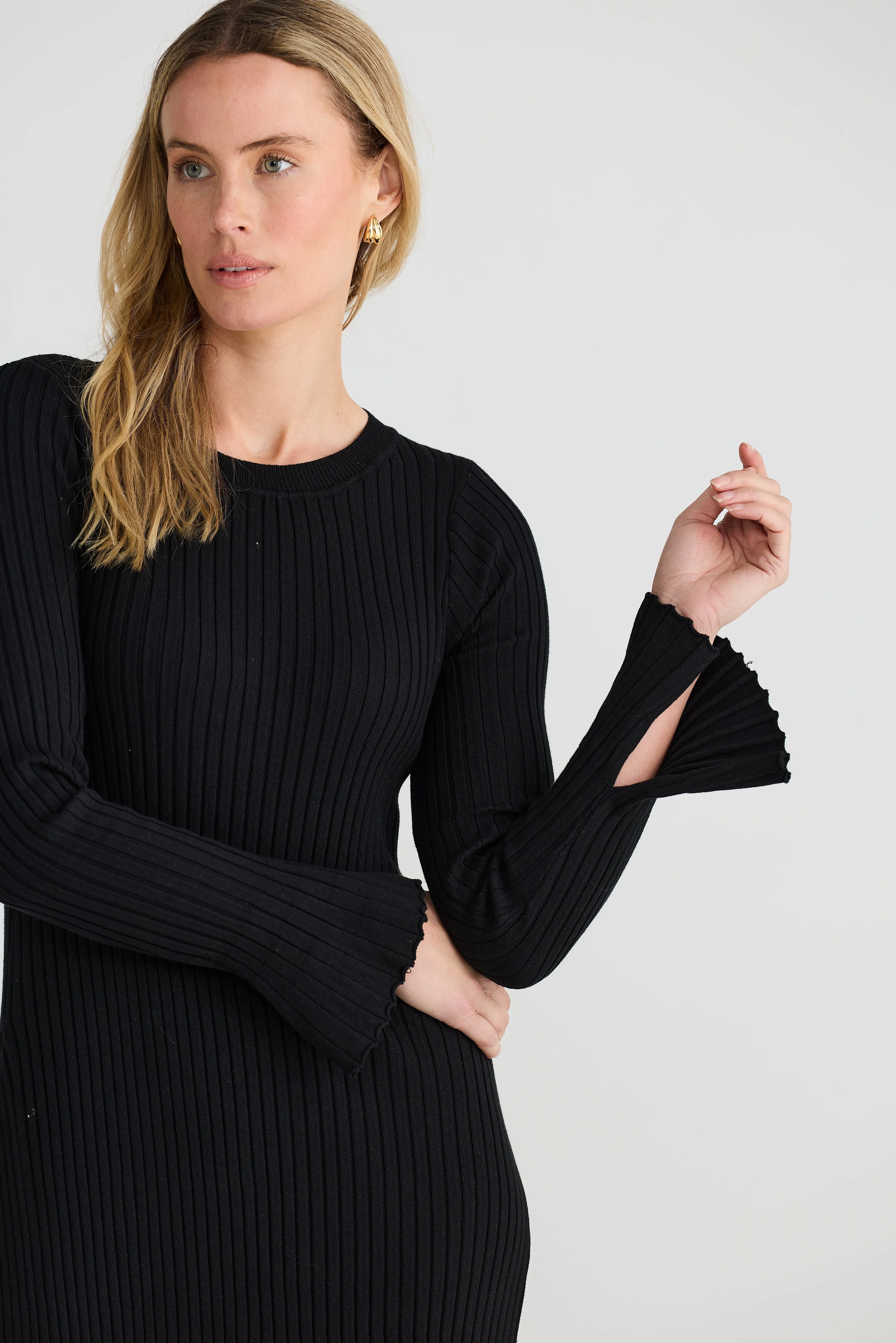 Long Sleeve Rib Knit Dress - Black