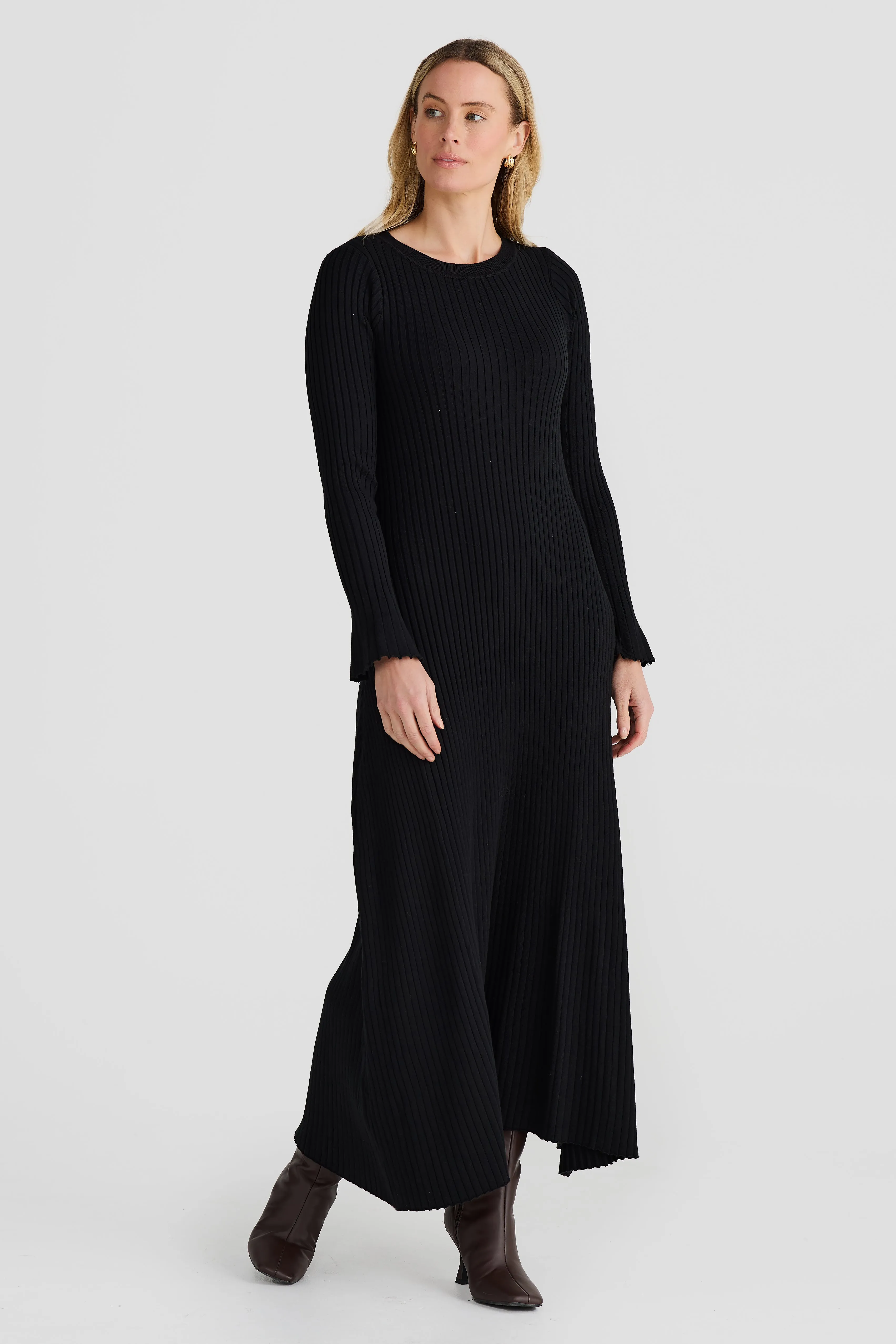 Long Sleeve Rib Knit Dress - Black