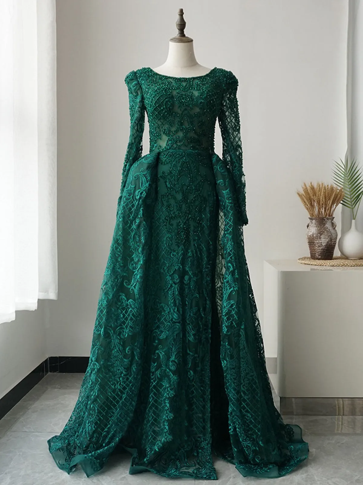 Long Sleeves Round Neck Green Lace Beaded Long Prom Dresses, Beaded Green Lace Formal Evening Dresses