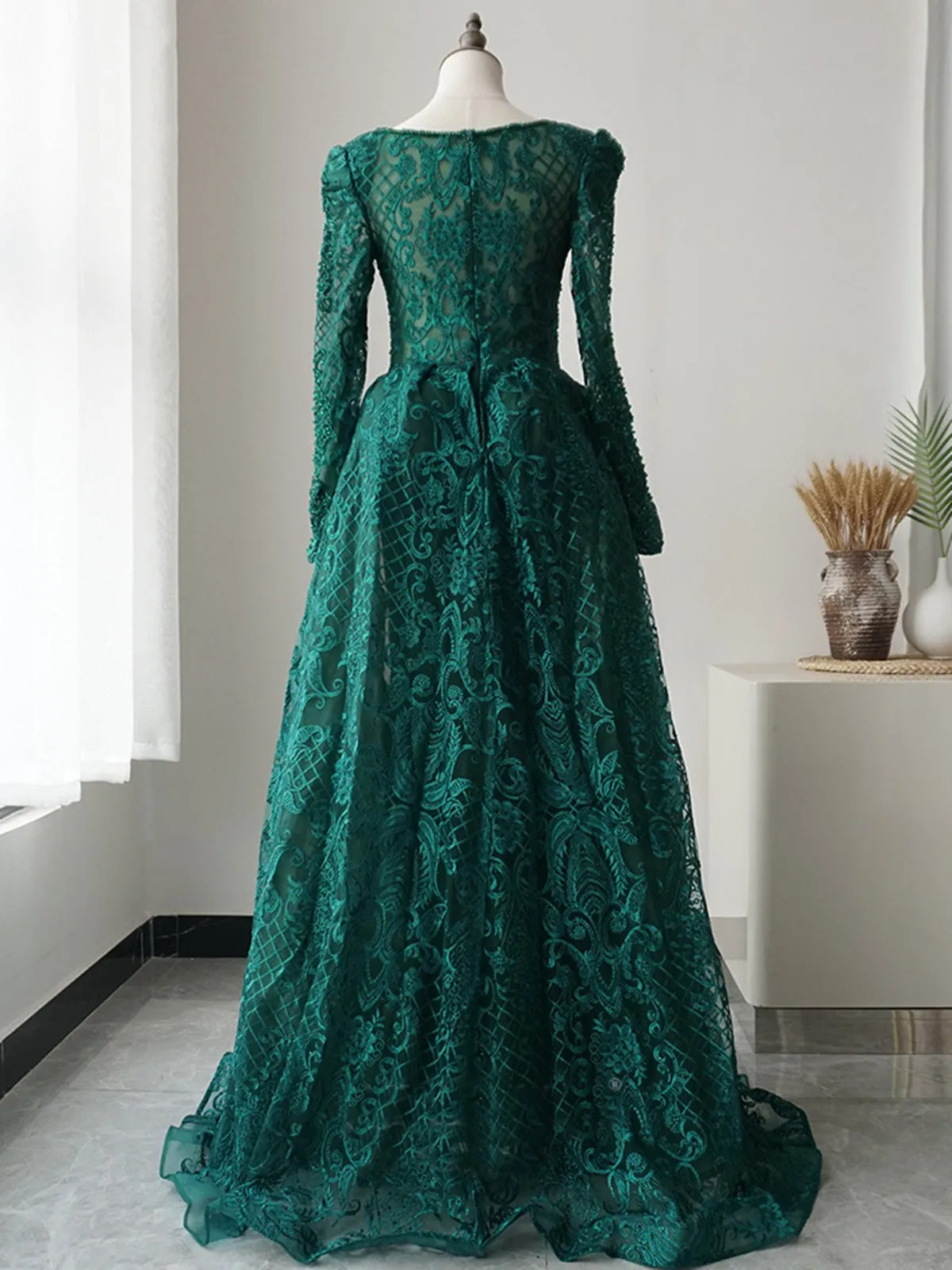 Long Sleeves Round Neck Green Lace Beaded Long Prom Dresses, Beaded Green Lace Formal Evening Dresses