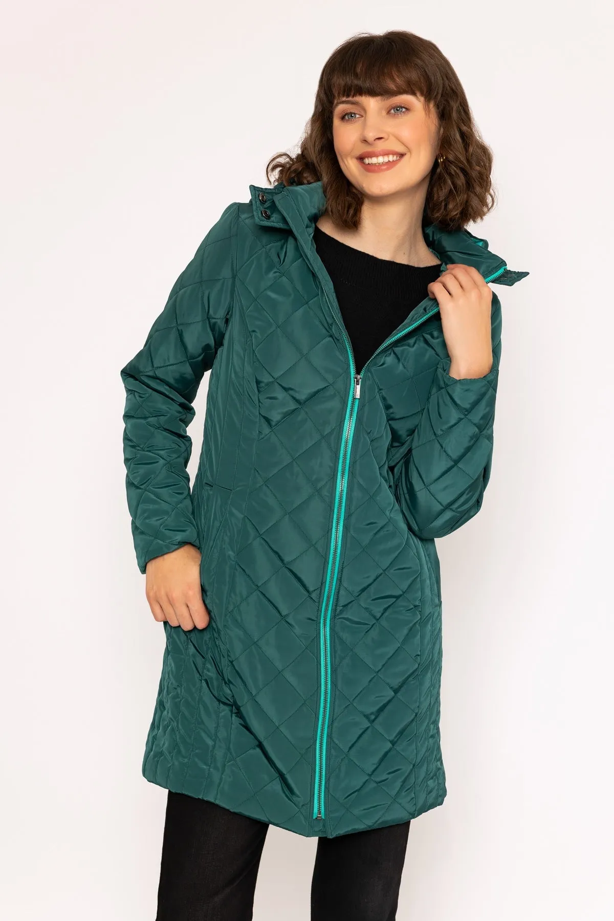 Longline Quilted Coat in Green