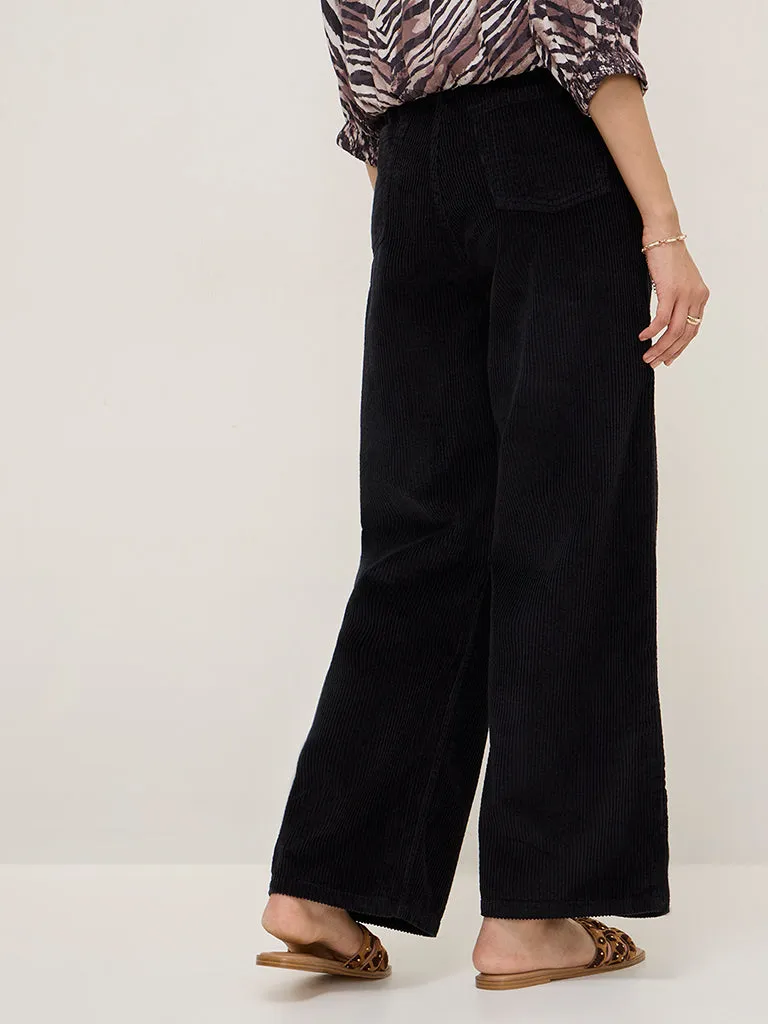 LOV Black Corduroy High-Rise Cotton Blend Trousers