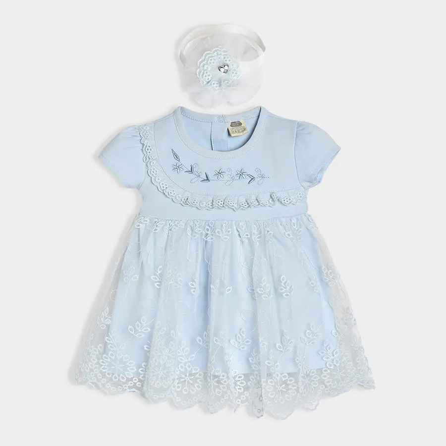 Luxe Frill Trimmed Dress with Headband Sky Blue