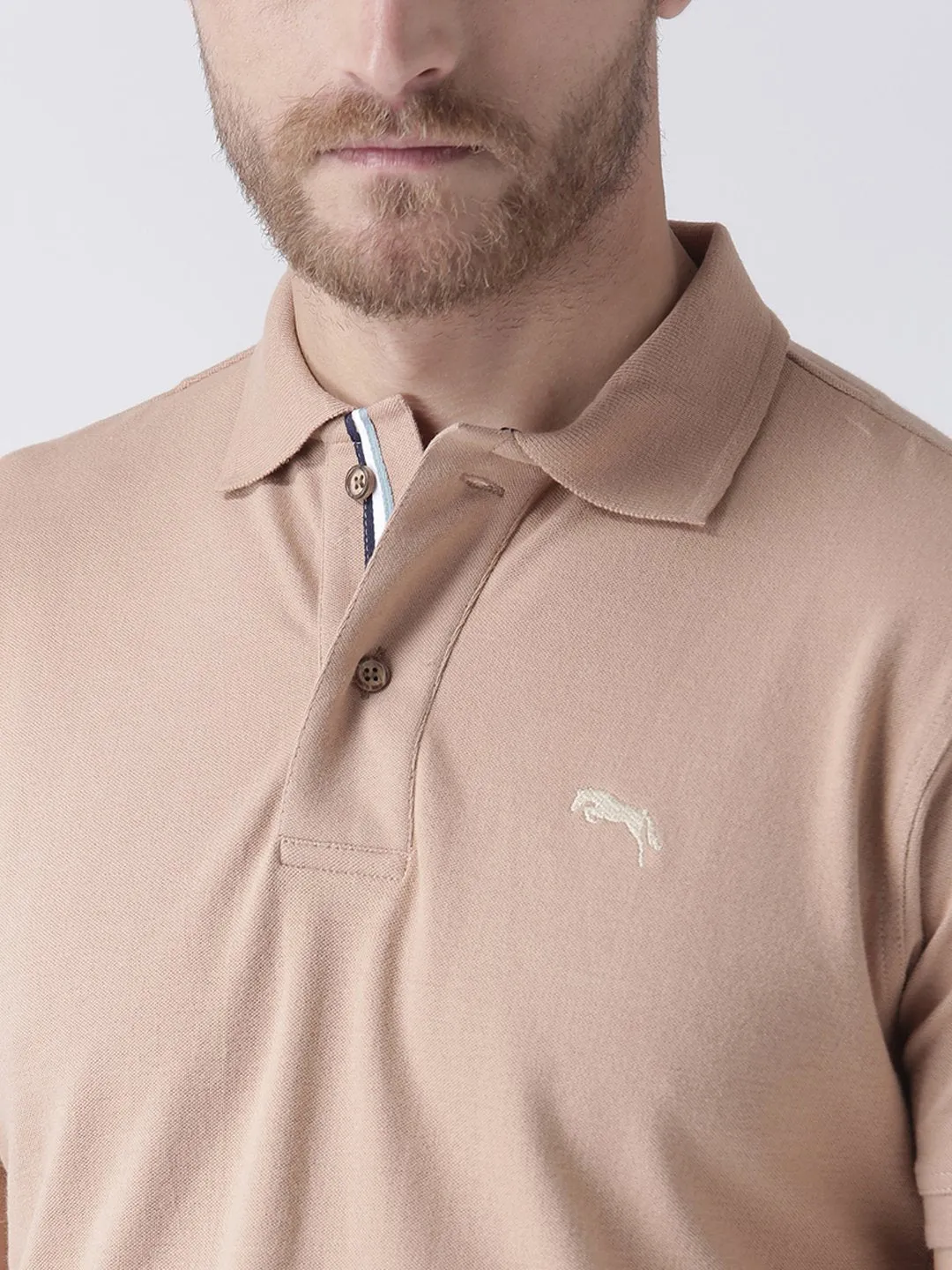 Men Beige Solid Polo Collar T-Shirt