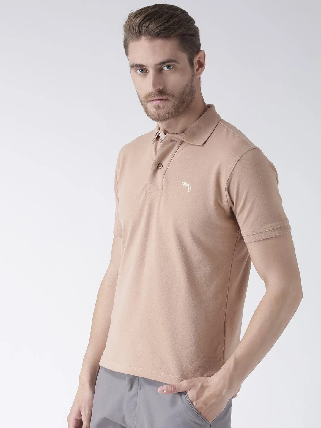 Men Beige Solid Polo Collar T-Shirt