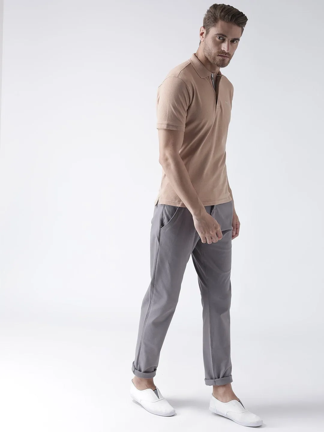 Men Beige Solid Polo Collar T-Shirt