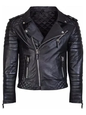 Men Biker Quilted Leather Jacket - Black