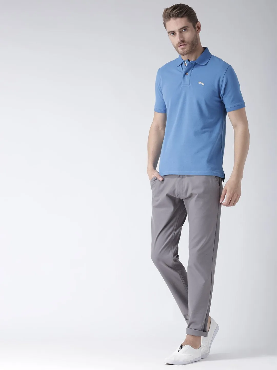 Men Blue Solid Polo Collar T-Shirt