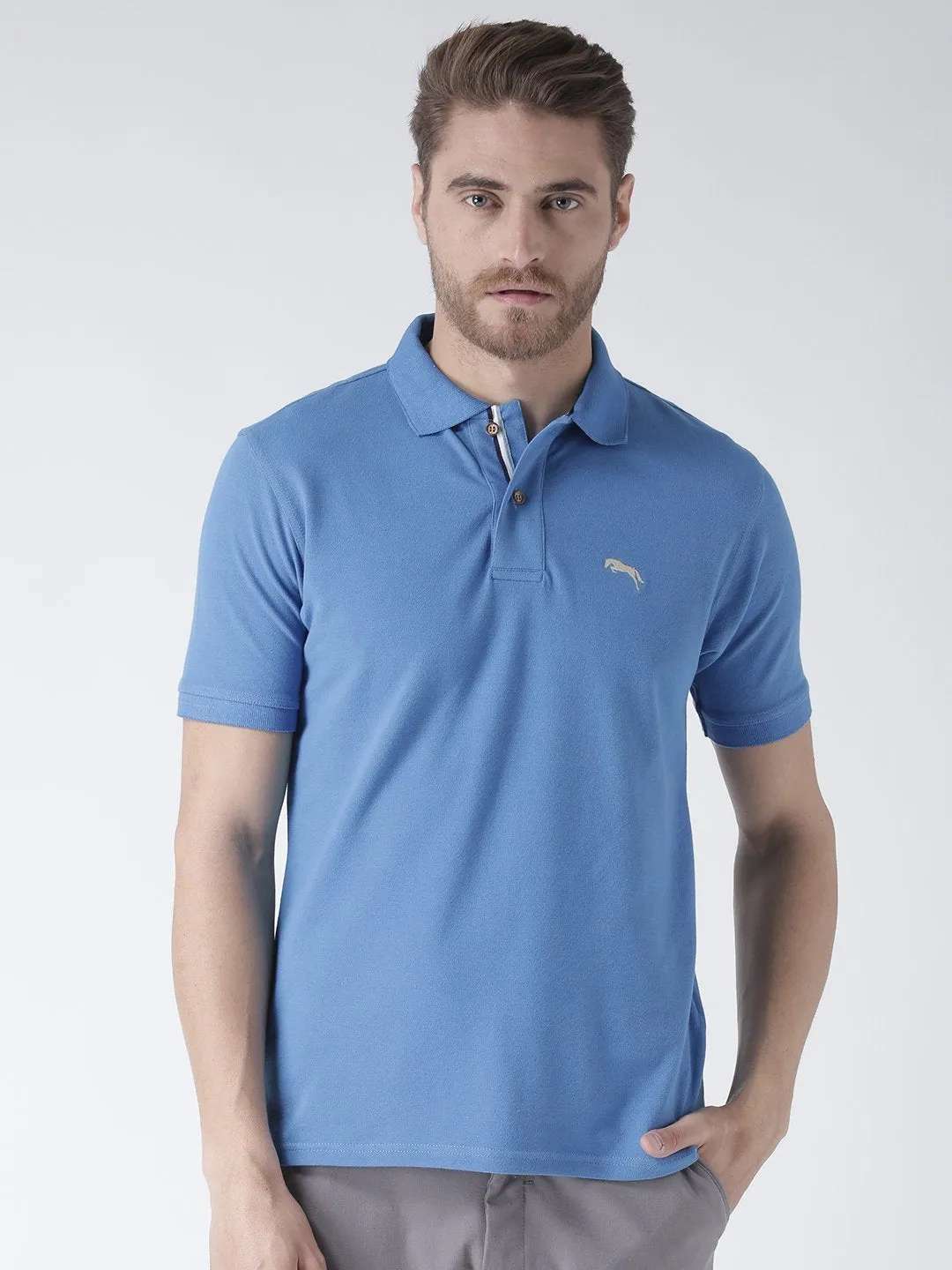 Men Blue Solid Polo Collar T-Shirt