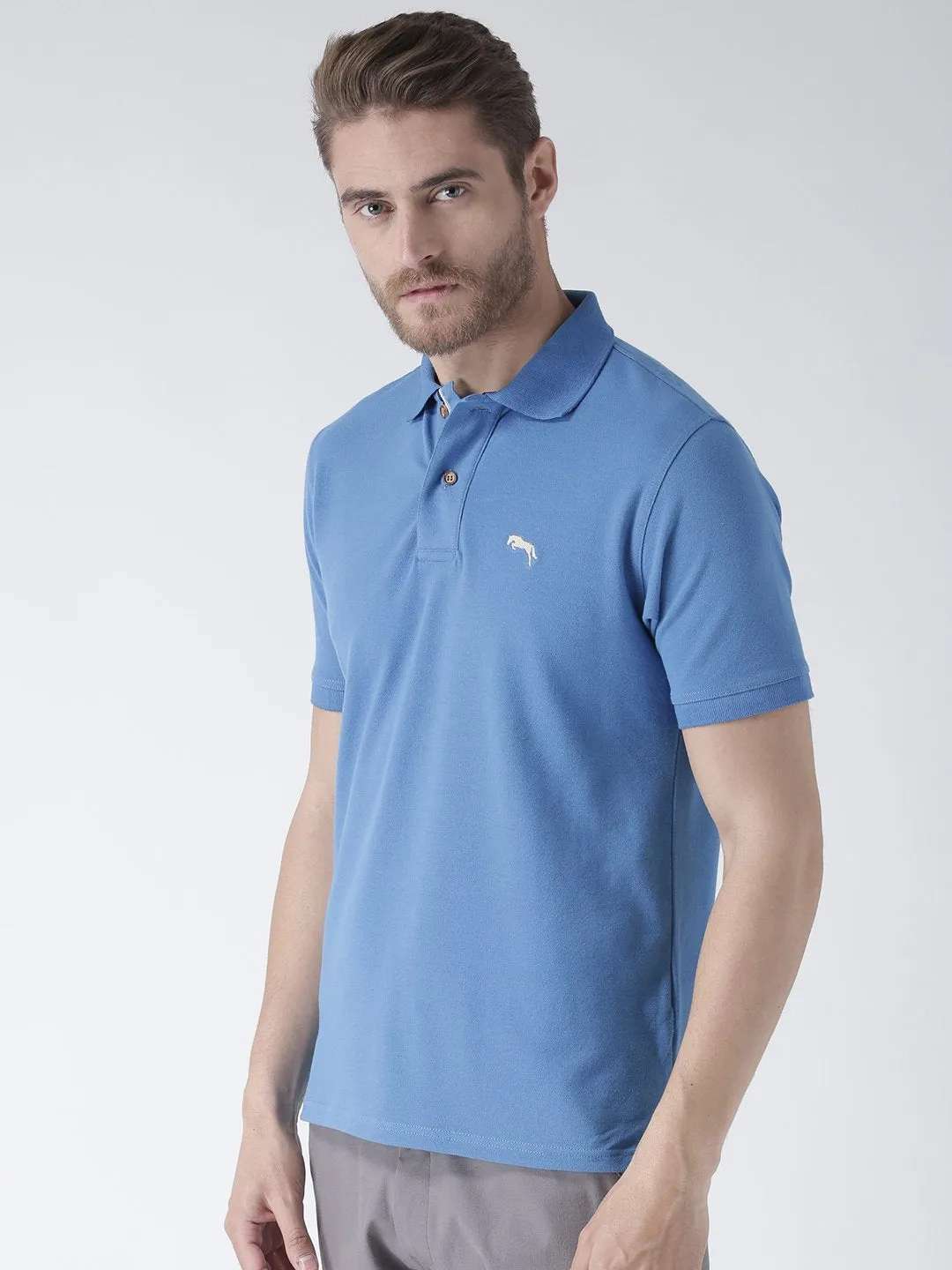 Men Blue Solid Polo Collar T-Shirt