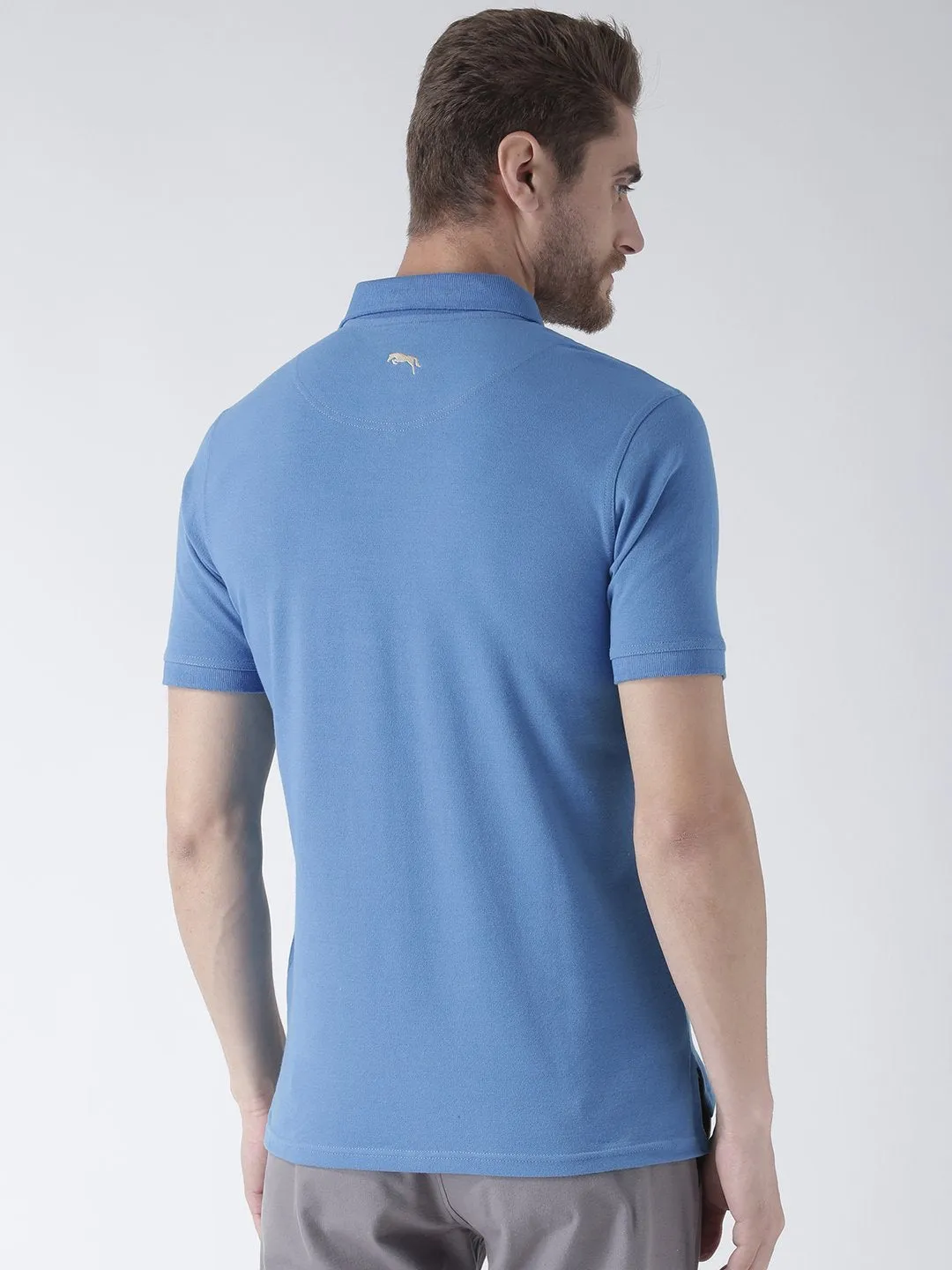 Men Blue Solid Polo Collar T-Shirt