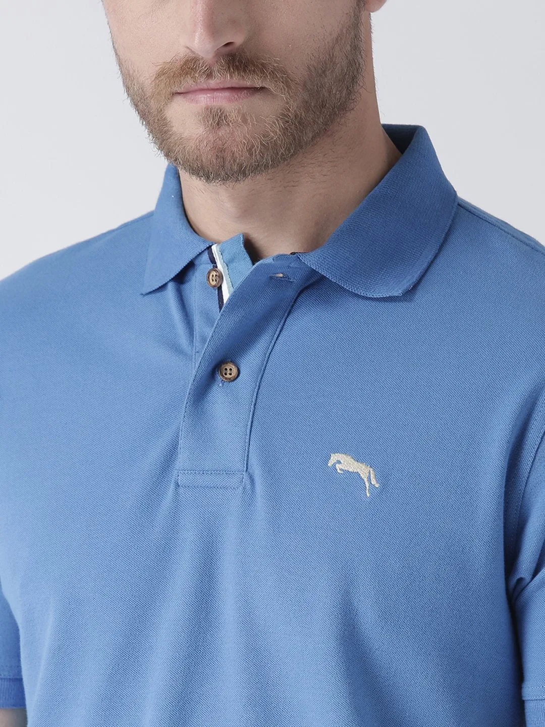 Men Blue Solid Polo Collar T-Shirt