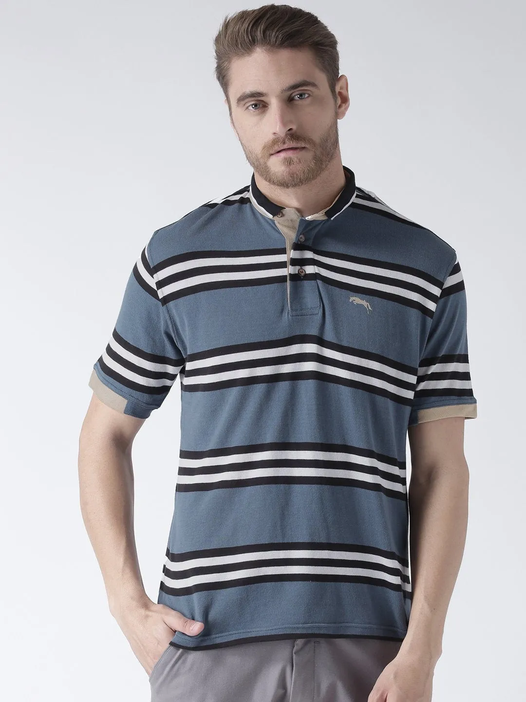 Men Blue Striped Polo Collar T-Shirt