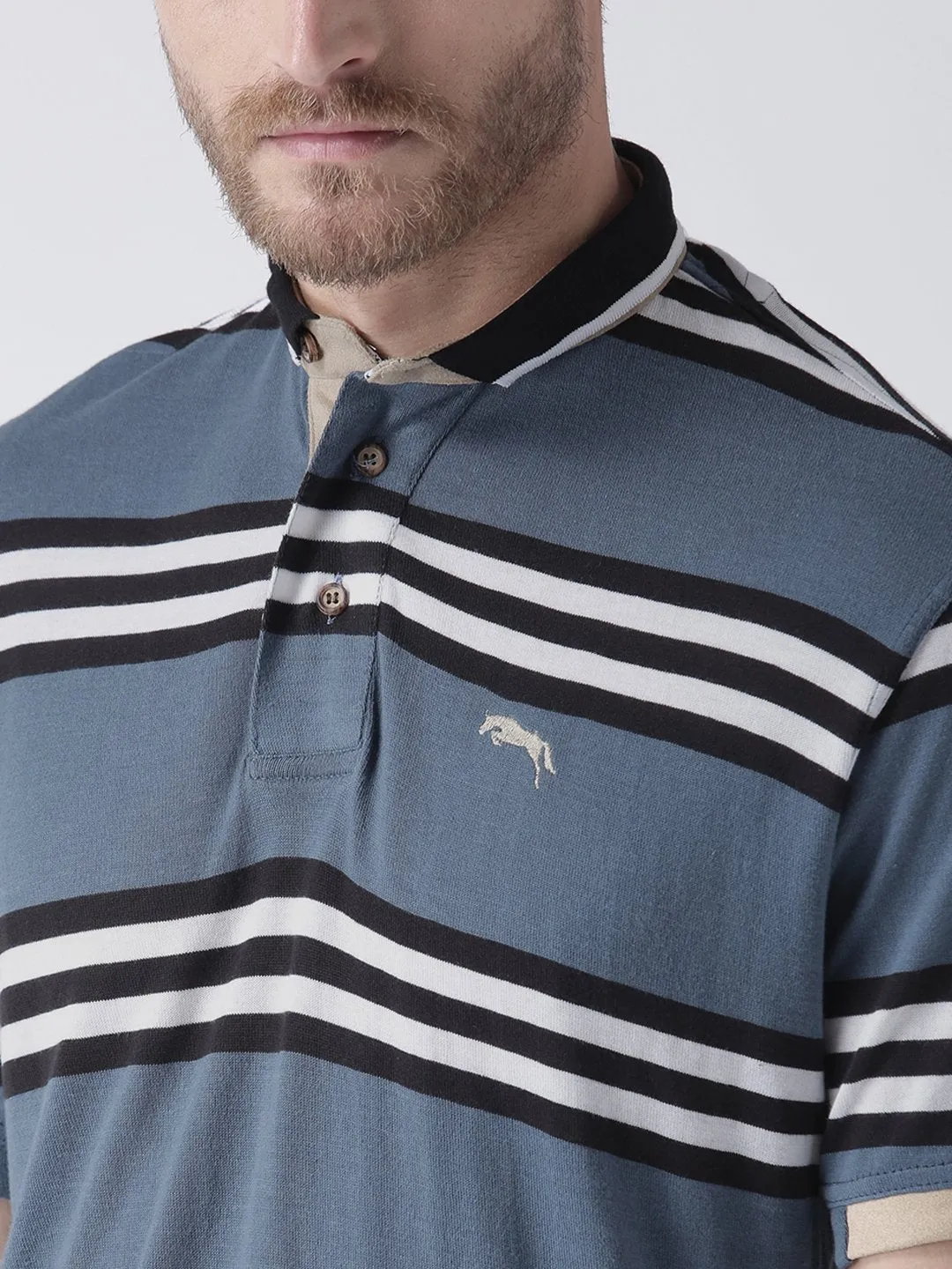 Men Blue Striped Polo Collar T-Shirt