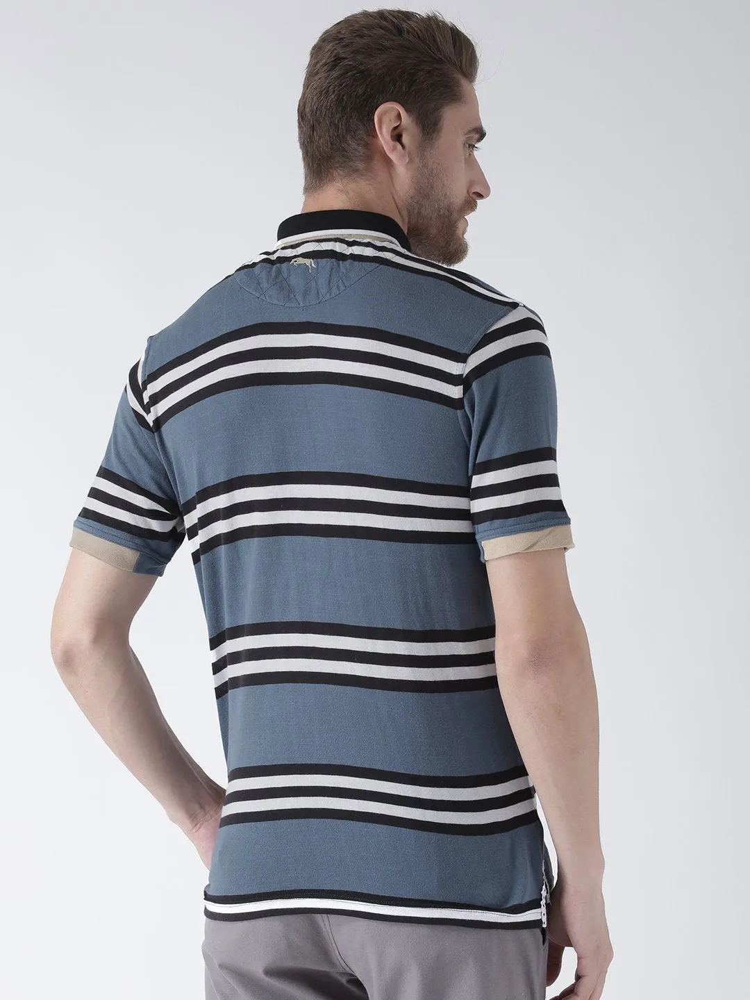 Men Blue Striped Polo Collar T-Shirt