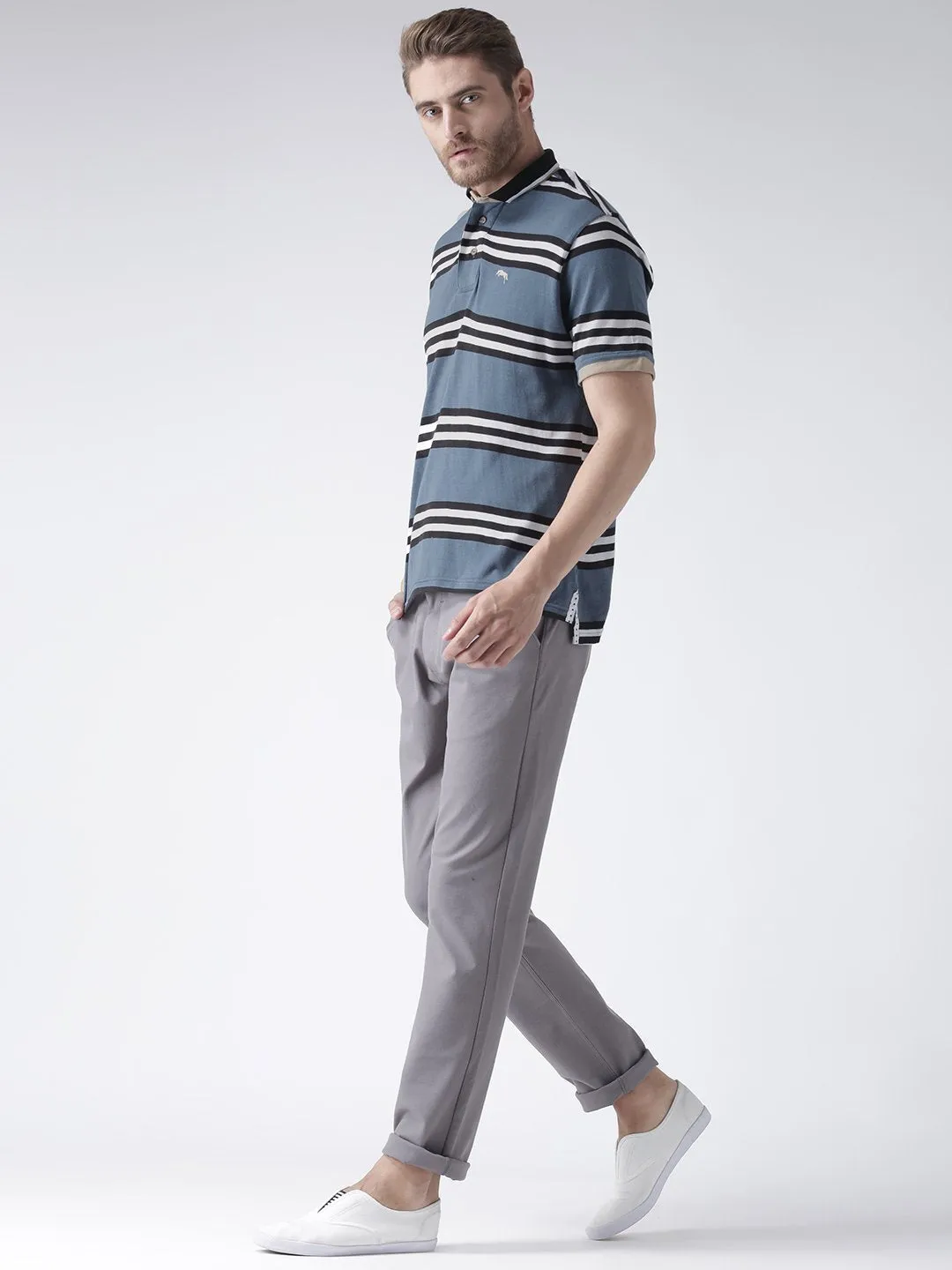 Men Blue Striped Polo Collar T-Shirt