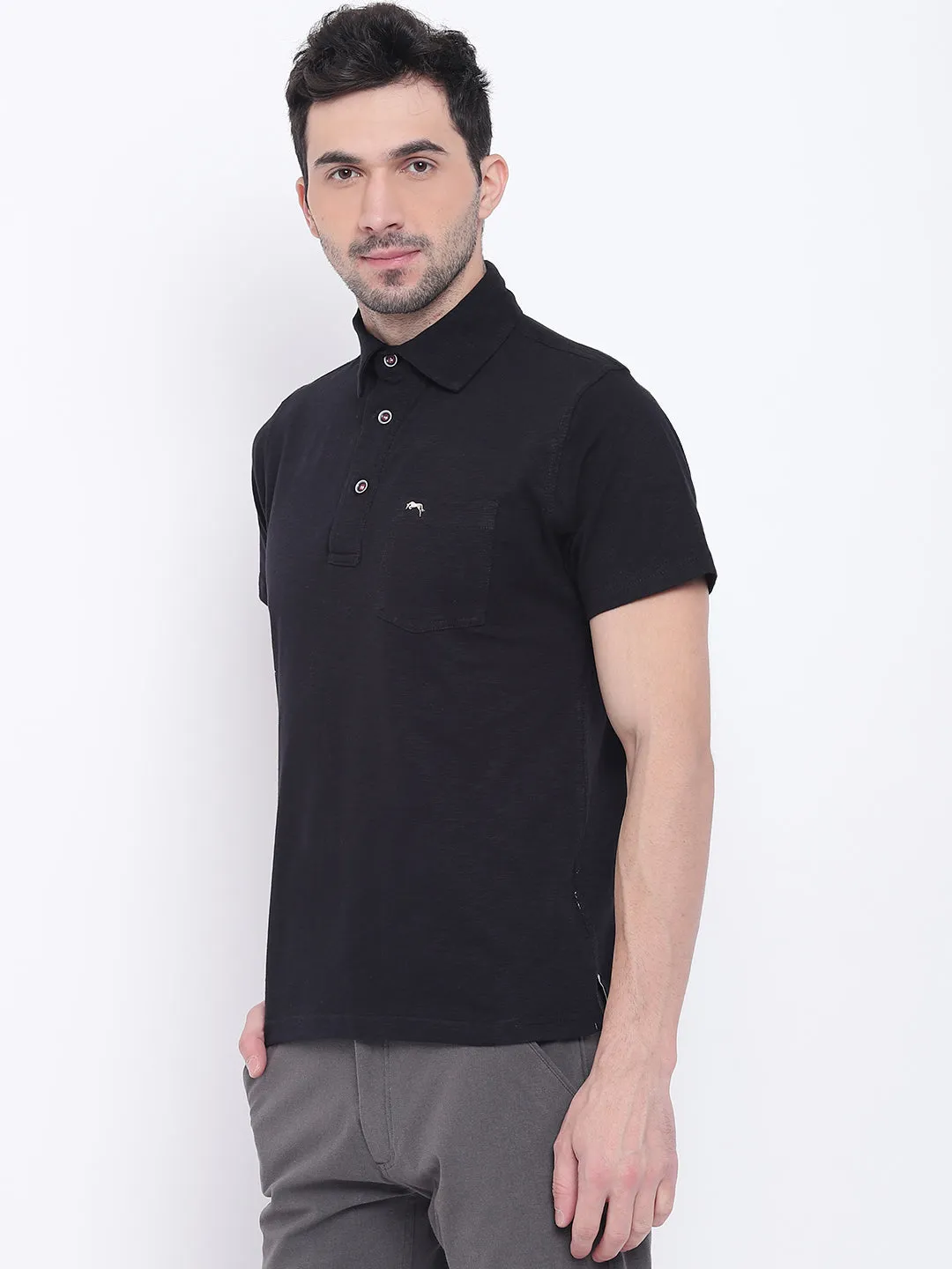 Men Casual Solid Black Polo Collar T-Shirt