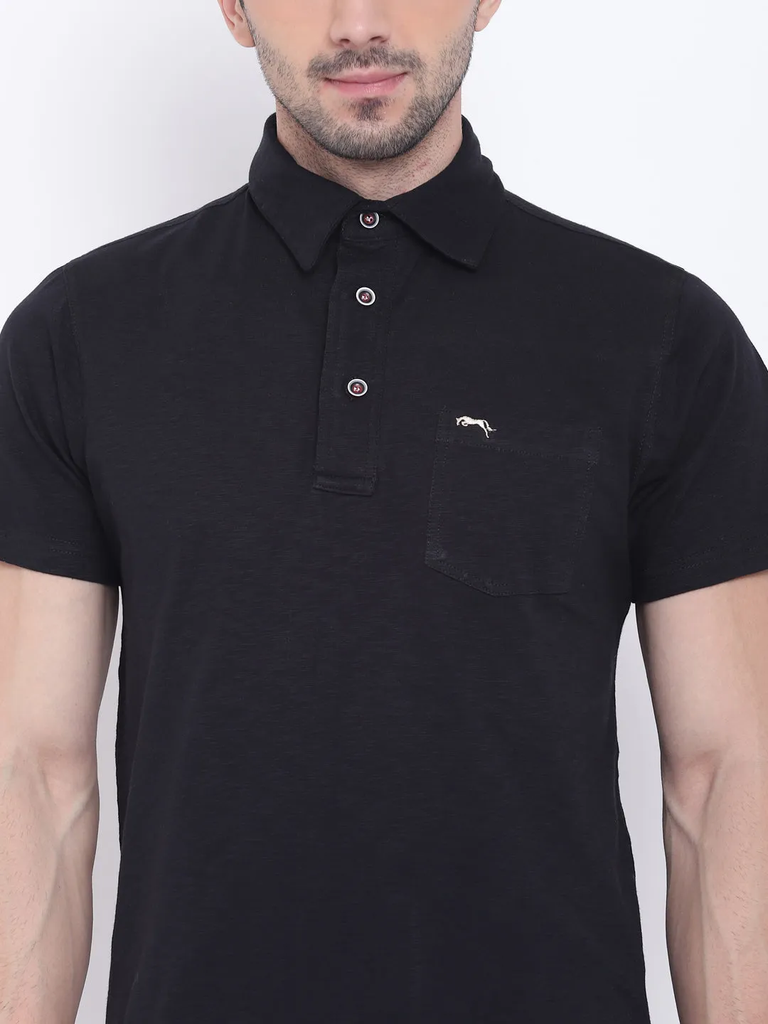 Men Casual Solid Black Polo Collar T-Shirt