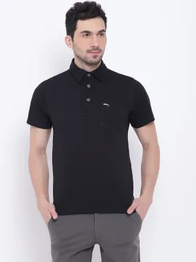 Men Casual Solid Black Polo Collar T-Shirt