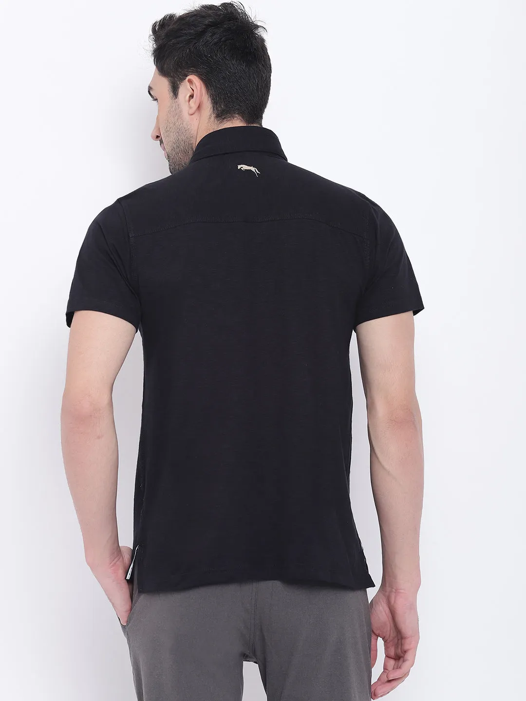 Men Casual Solid Black Polo Collar T-Shirt