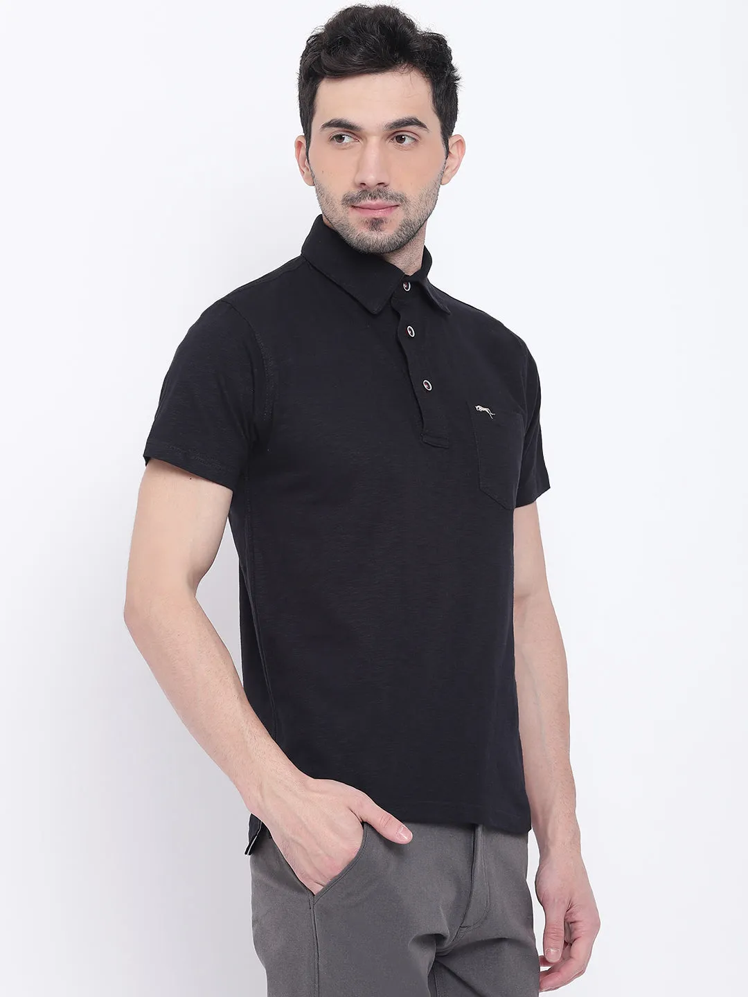 Men Casual Solid Black Polo Collar T-Shirt