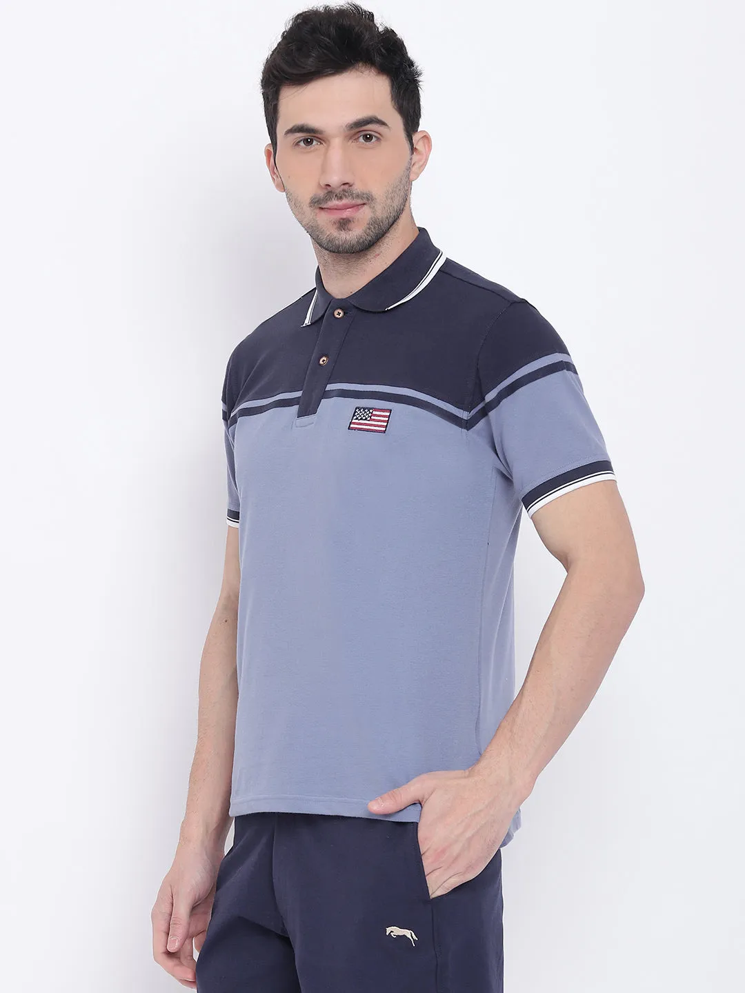 Men Casual Solid Blue Polo Collar T-Shirt