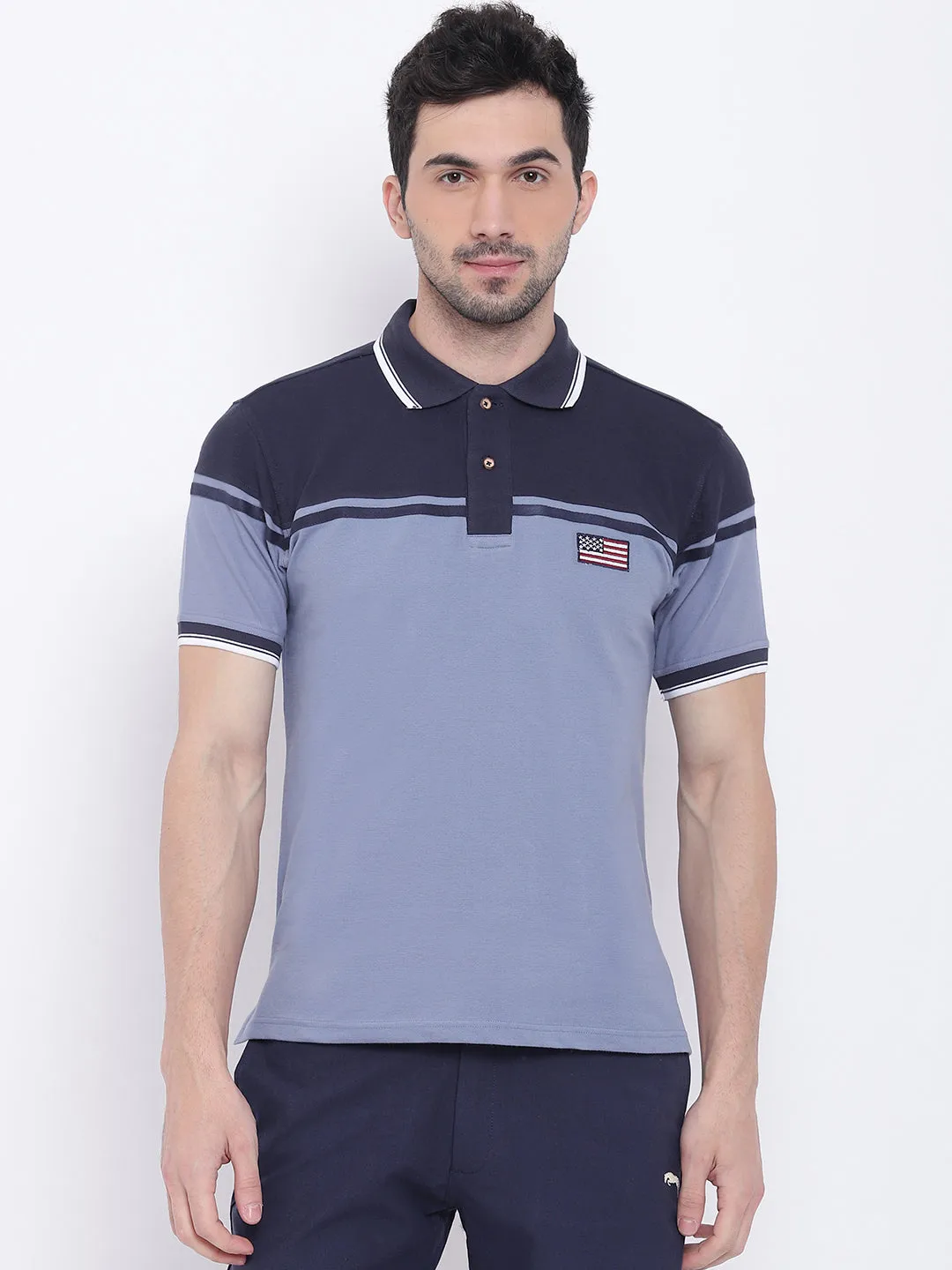 Men Casual Solid Blue Polo Collar T-Shirt