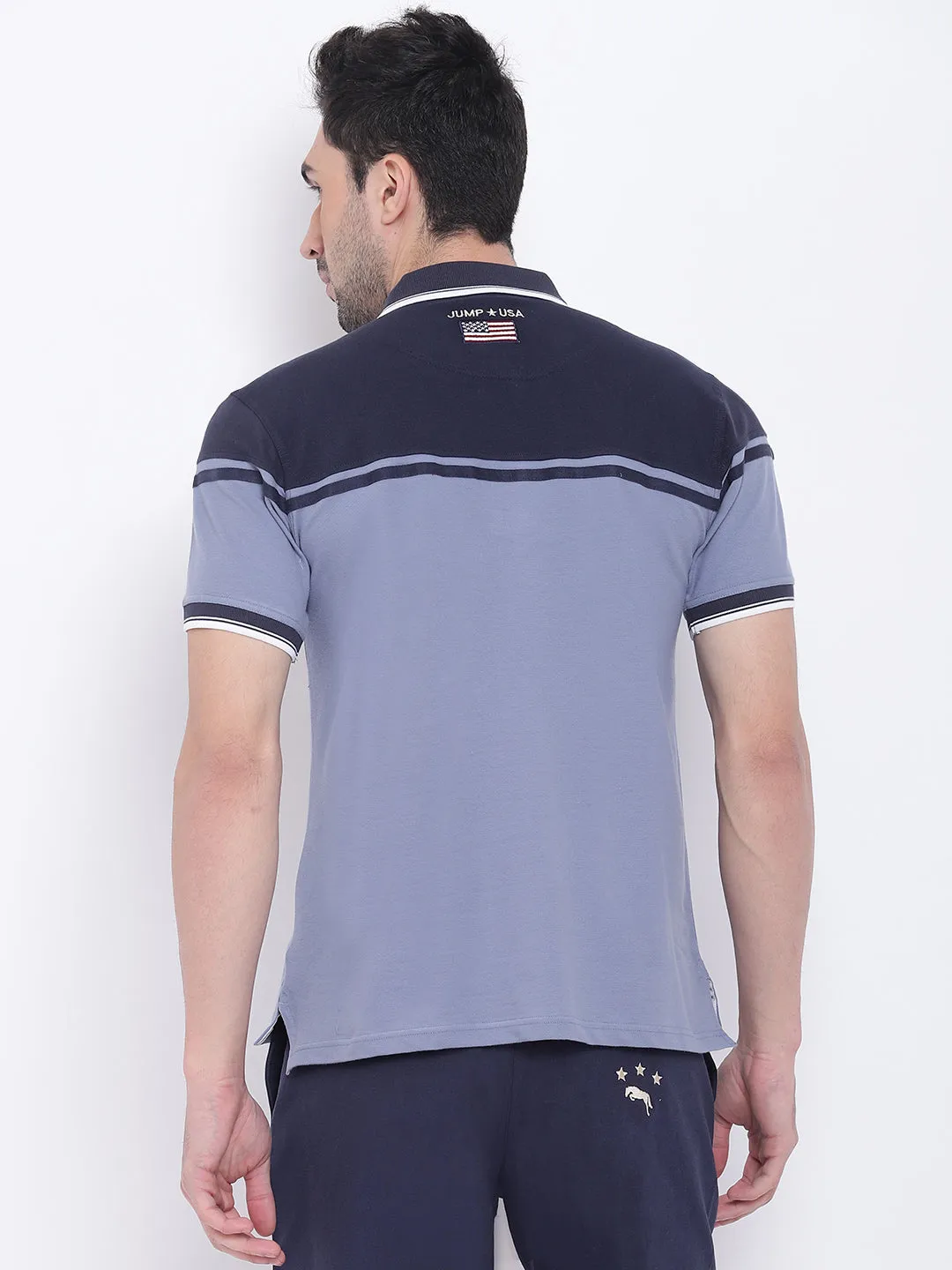 Men Casual Solid Blue Polo Collar T-Shirt