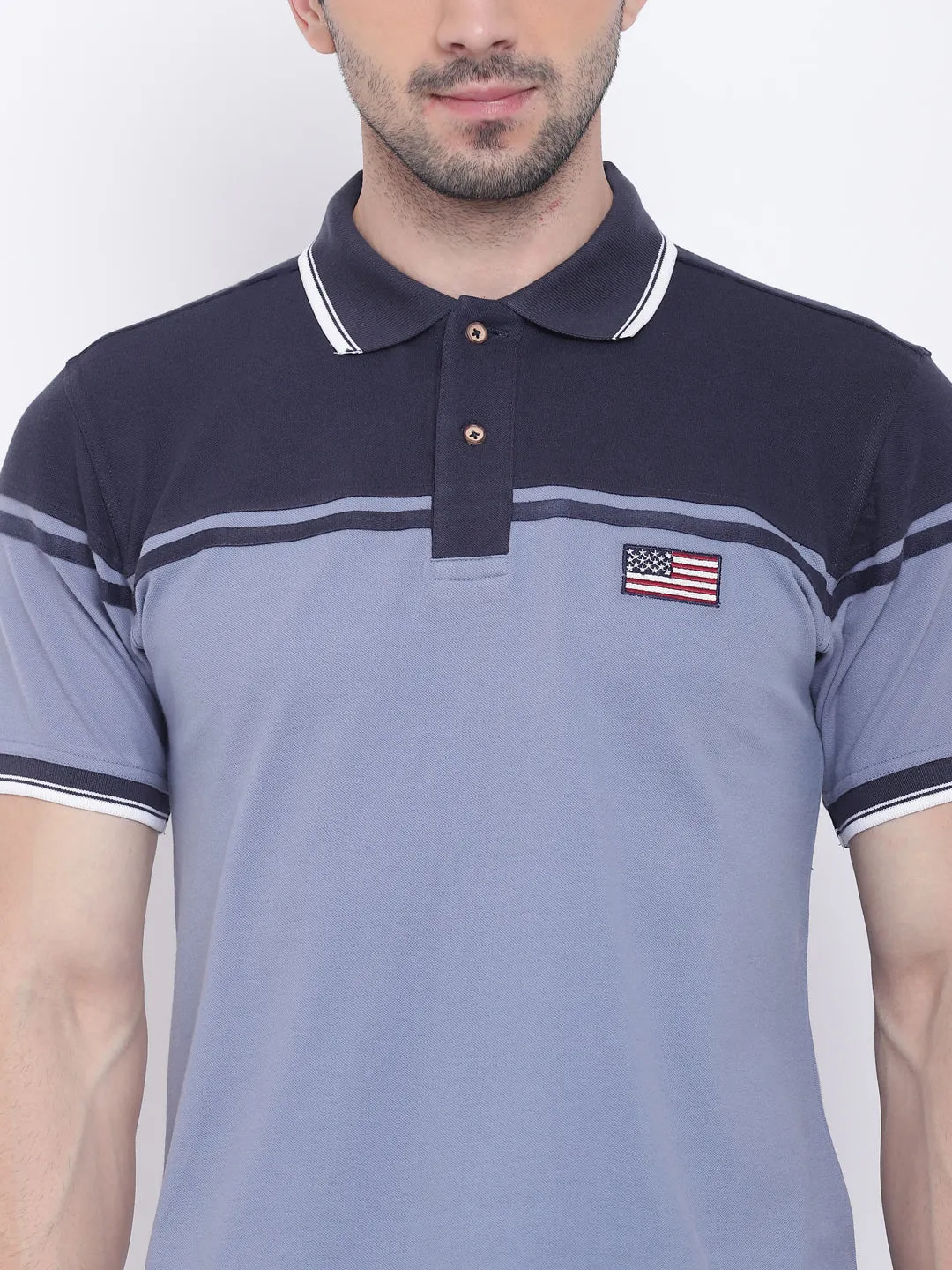 Men Casual Solid Blue Polo Collar T-Shirt