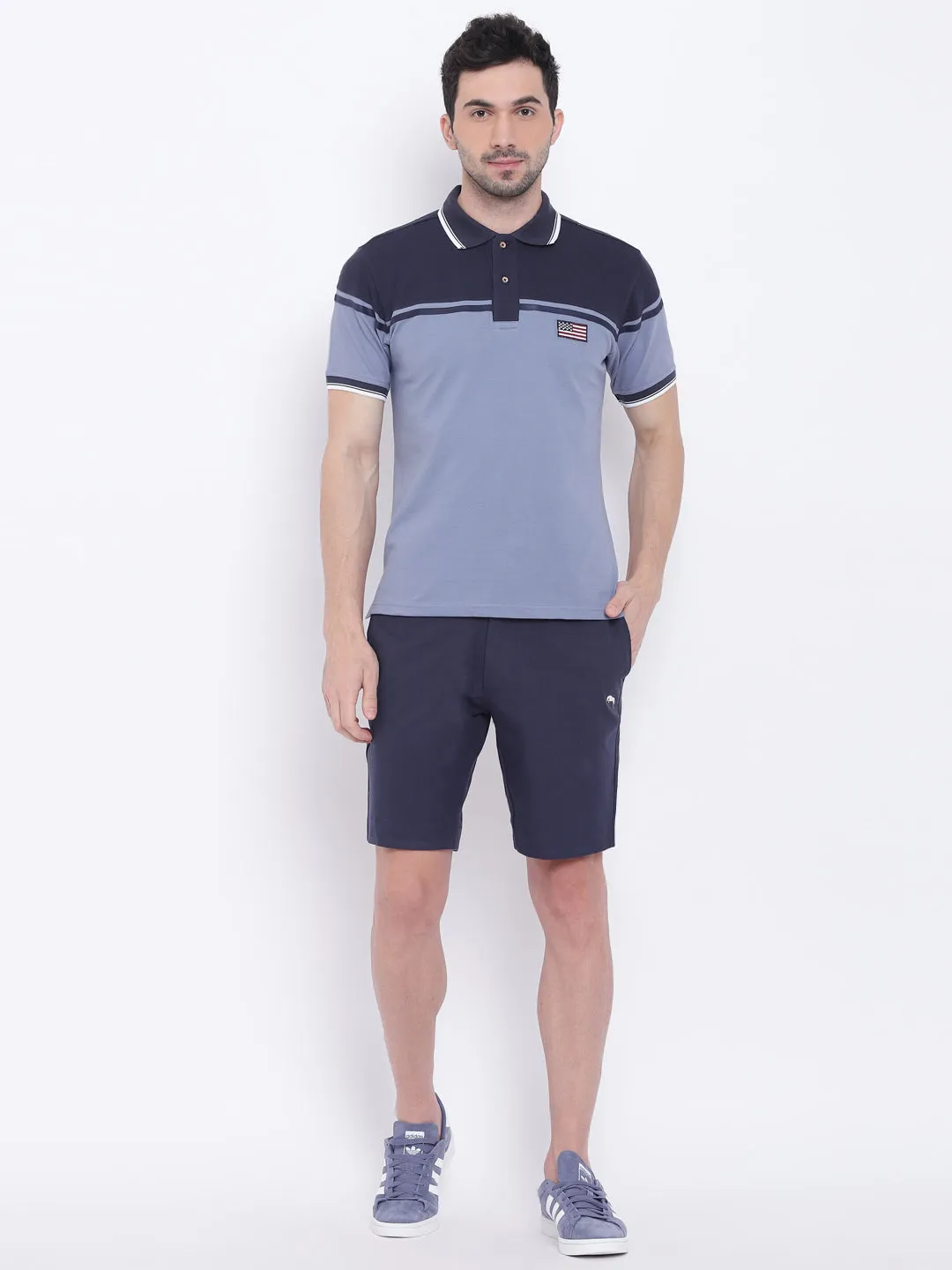 Men Casual Solid Blue Polo Collar T-Shirt