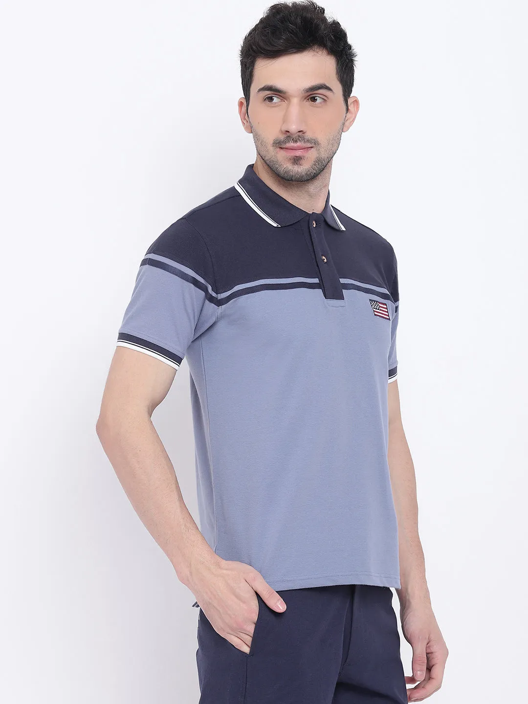 Men Casual Solid Blue Polo Collar T-Shirt