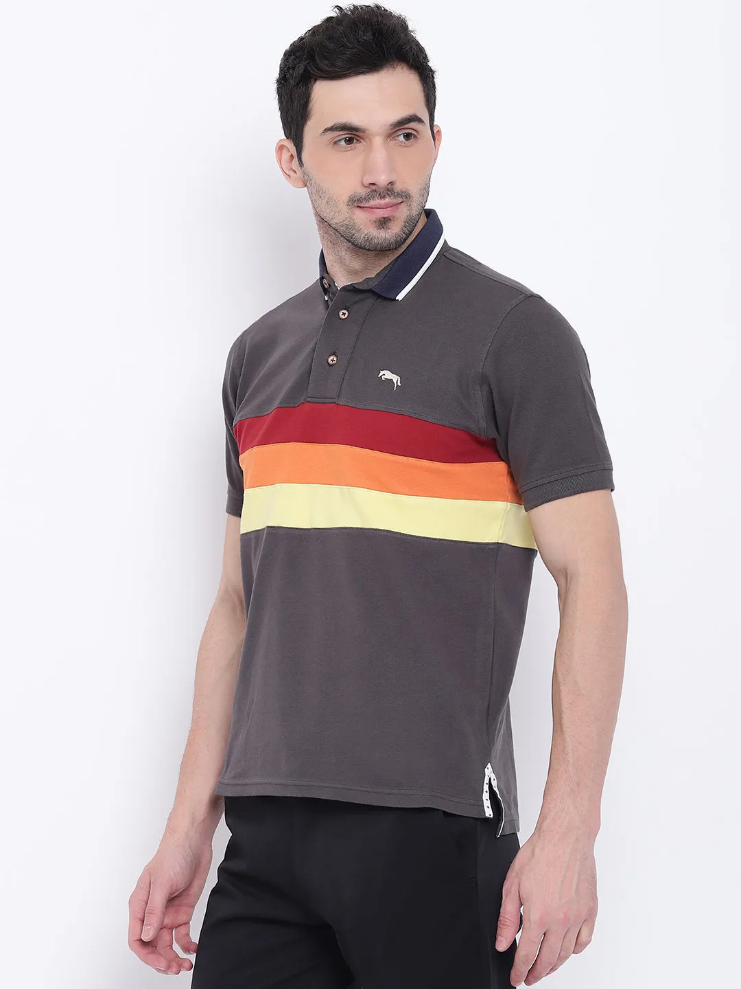 Men Casual Solid Charcoal Polo Collar T-Shirt