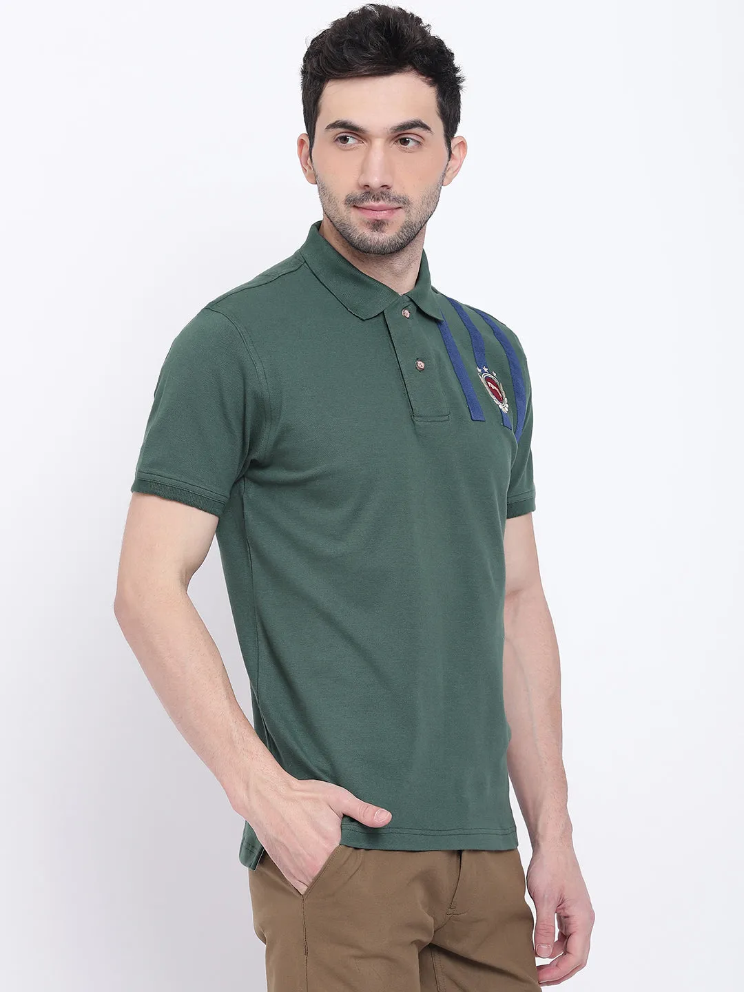 Men Casual Solid Green Polo Collar T-Shirt