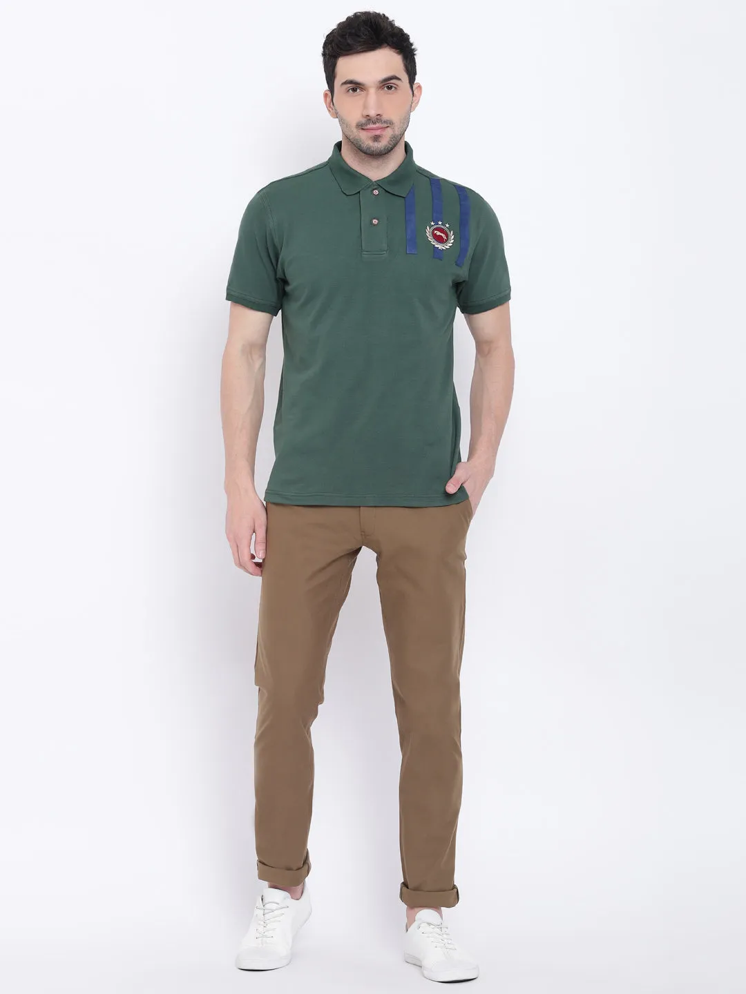 Men Casual Solid Green Polo Collar T-Shirt