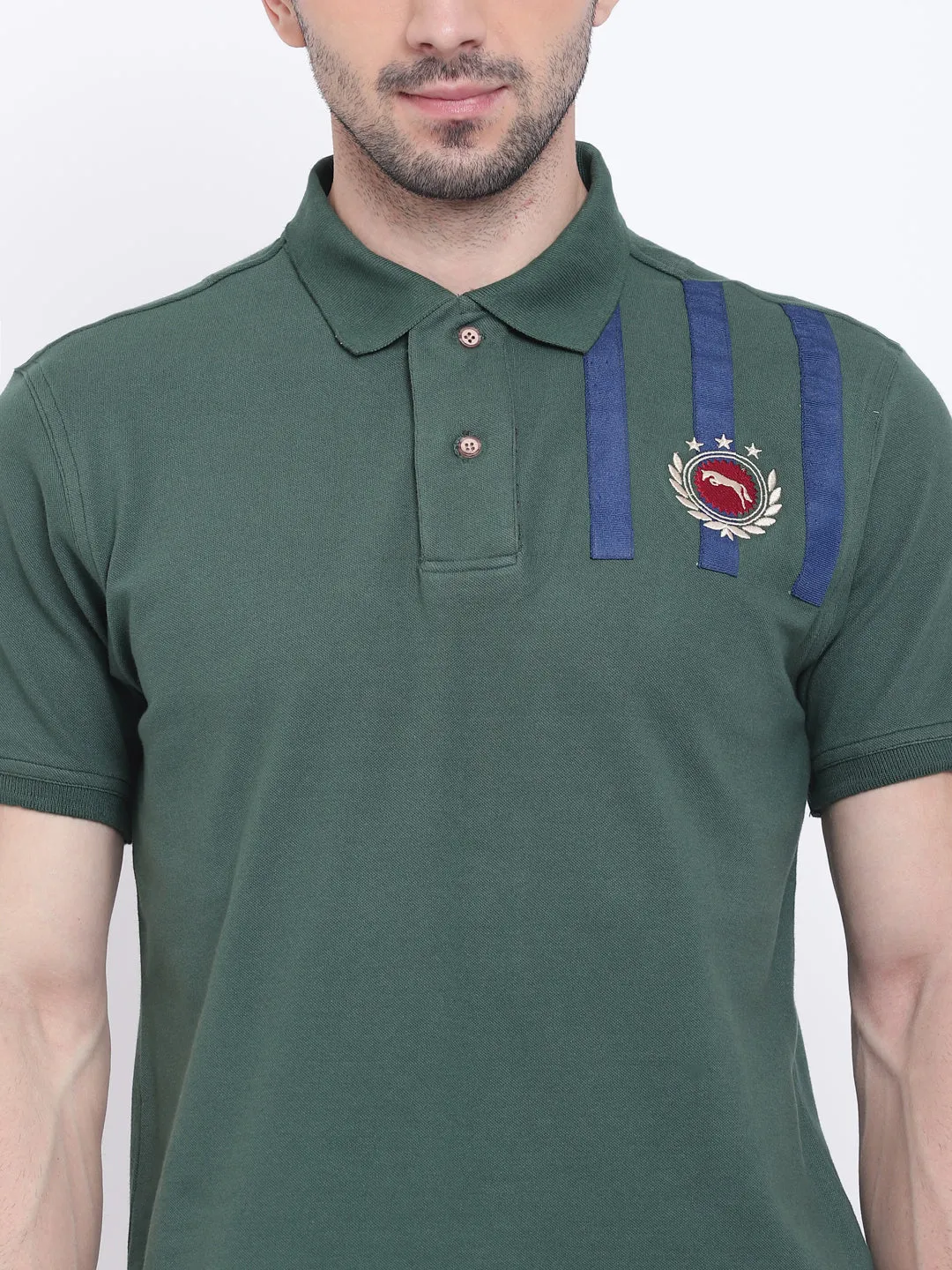 Men Casual Solid Green Polo Collar T-Shirt