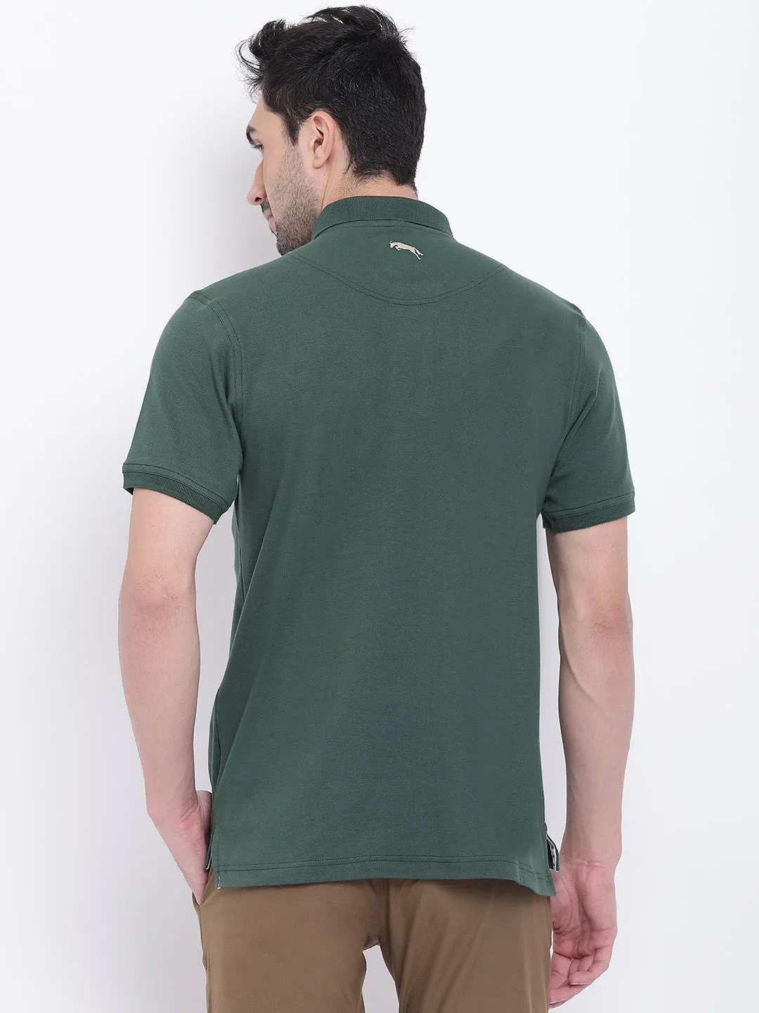 Men Casual Solid Green Polo Collar T-Shirt