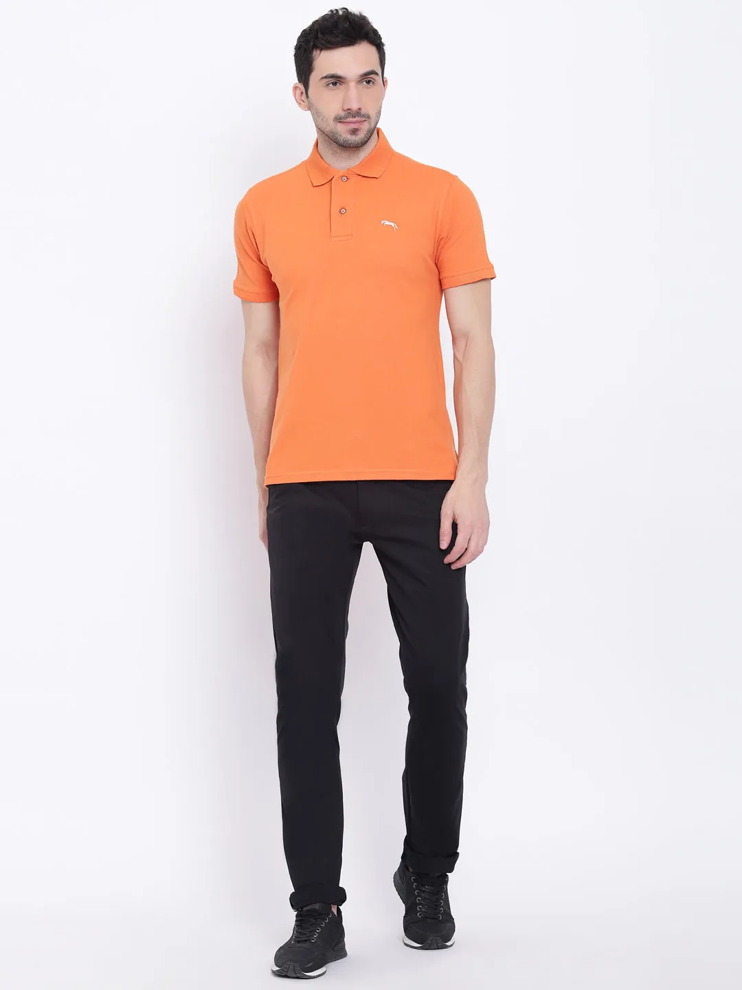 Men Casual Solid Orange Polo Collar T-Shirt