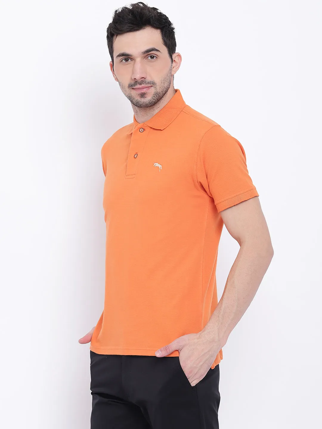 Men Casual Solid Orange Polo Collar T-Shirt