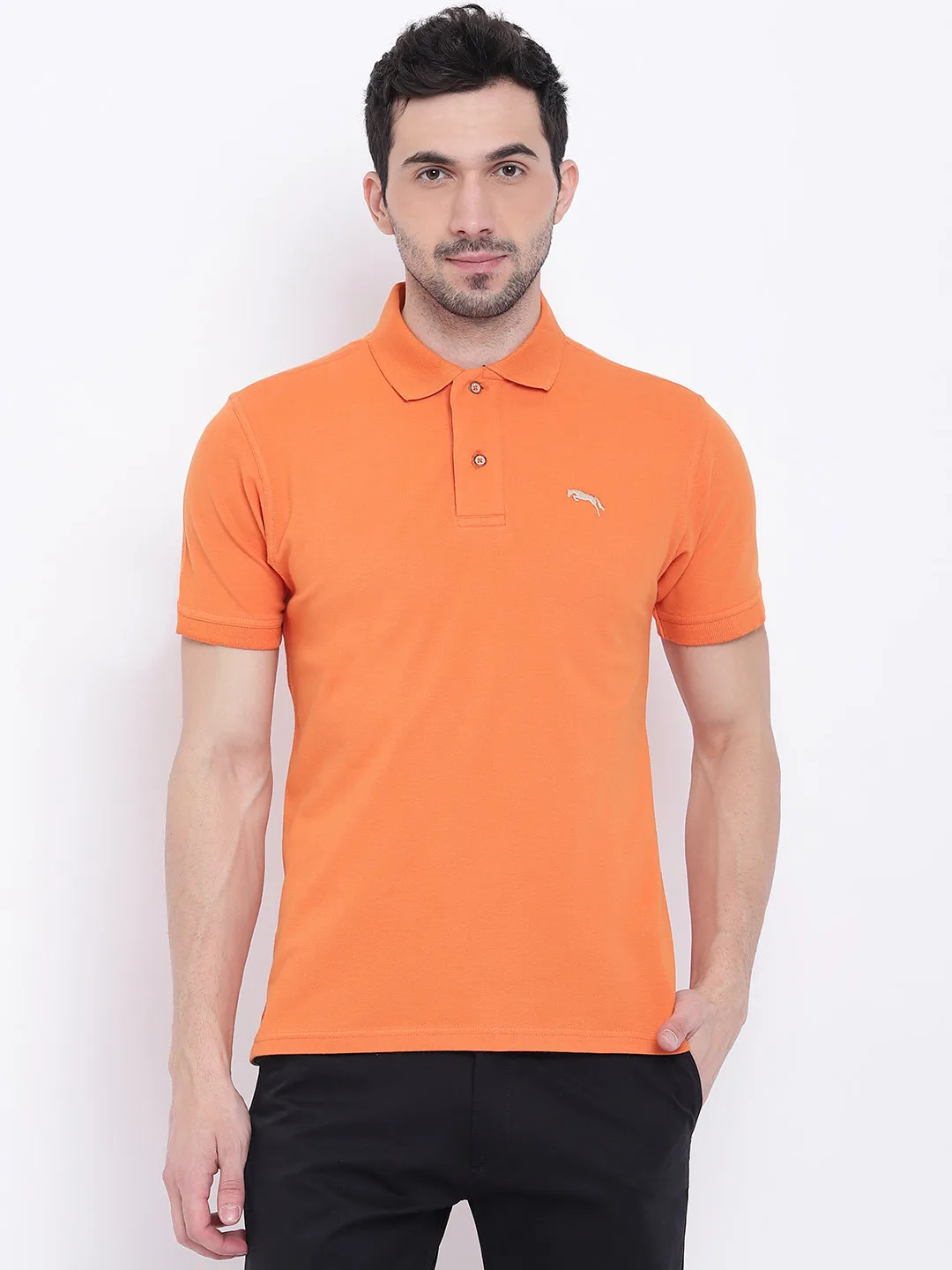 Men Casual Solid Orange Polo Collar T-Shirt