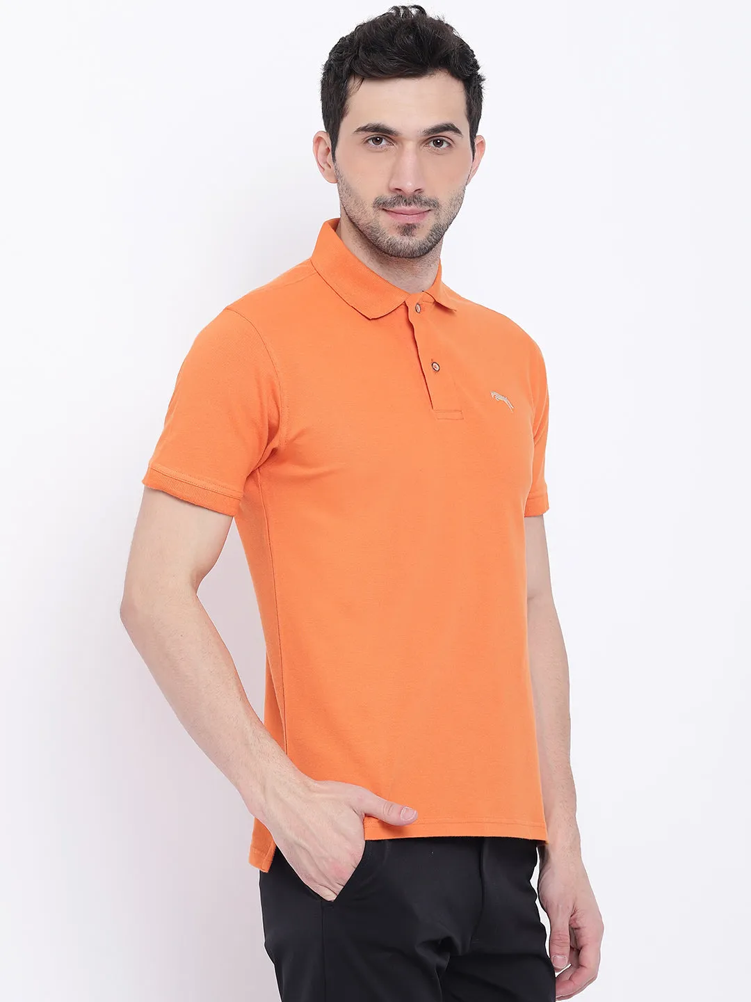 Men Casual Solid Orange Polo Collar T-Shirt