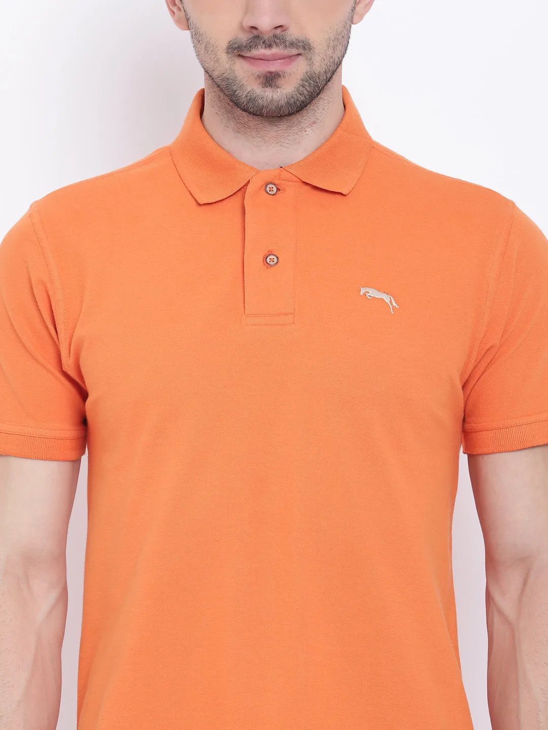 Men Casual Solid Orange Polo Collar T-Shirt