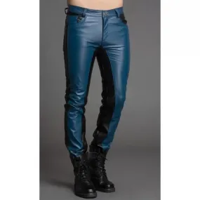 Men Fashion Contrast Color Genuine Black and Blue Leather Pants