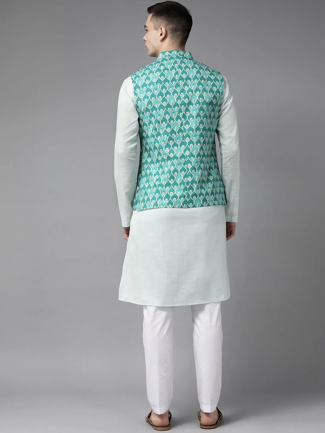 Men Green & Beige Printed Pure Cotton Neharu Jacket