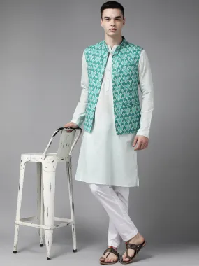 Men Green & Beige Printed Pure Cotton Neharu Jacket