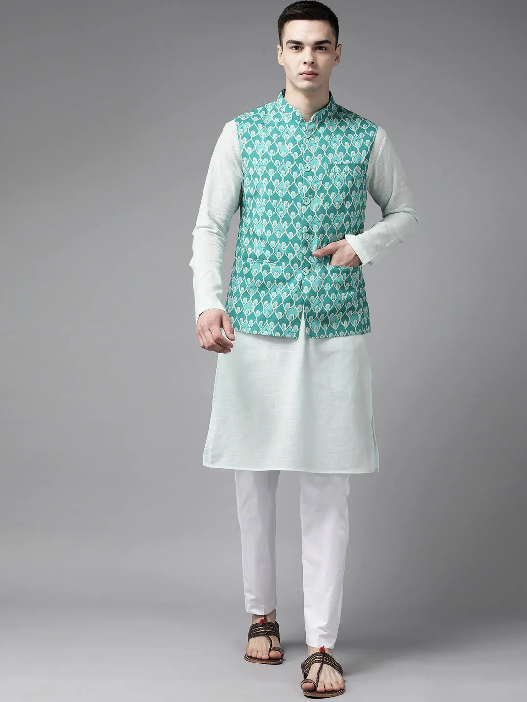 Men Green & Beige Printed Pure Cotton Neharu Jacket