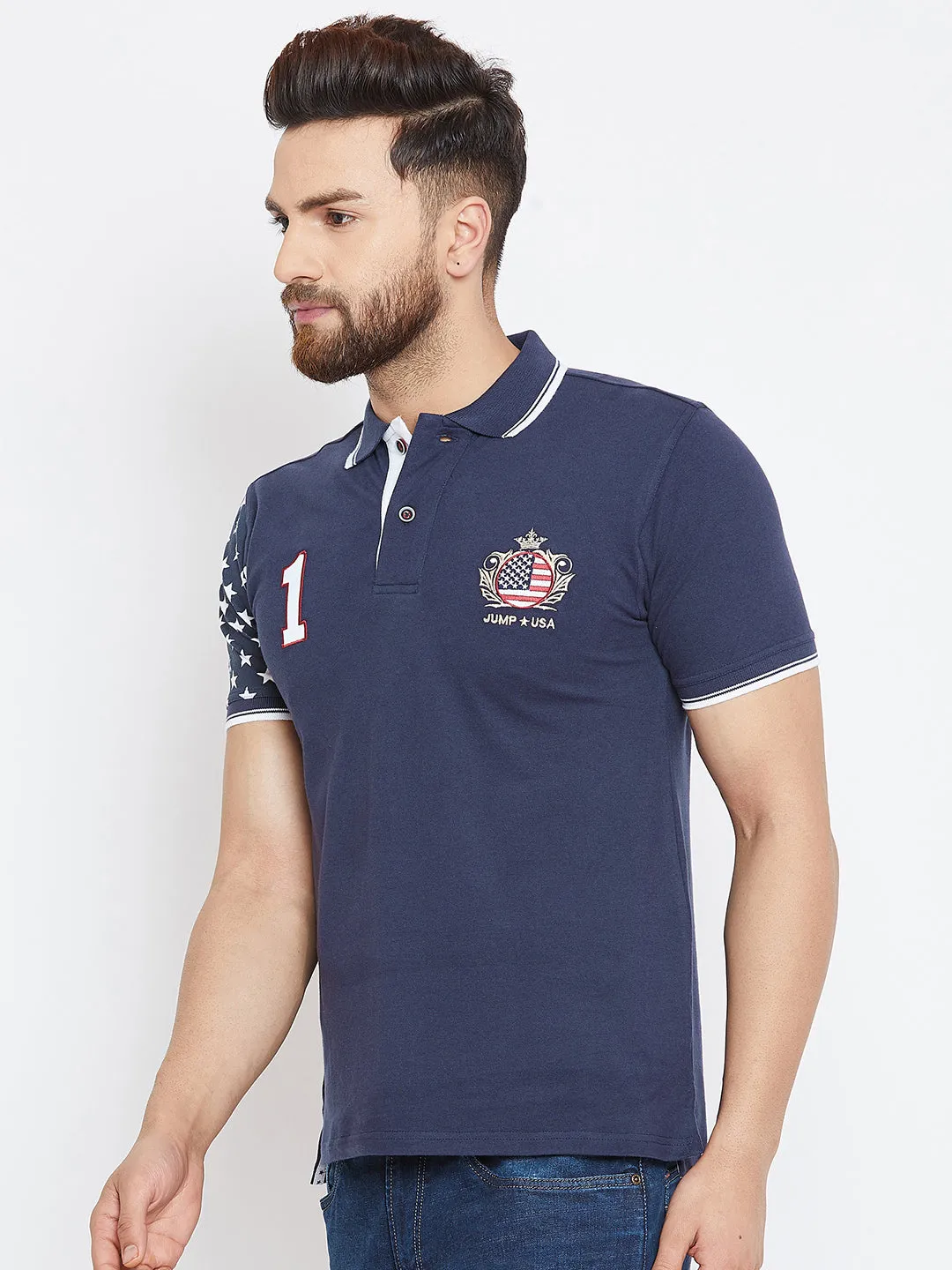 Men Navy Blue Casual Polo Collar T-shirt