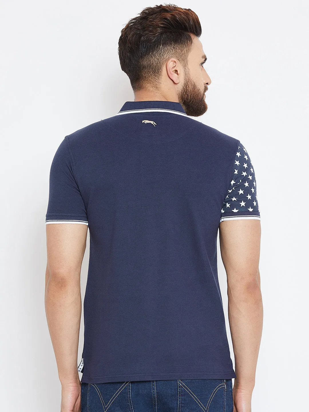 Men Navy Blue Casual Polo Collar T-shirt