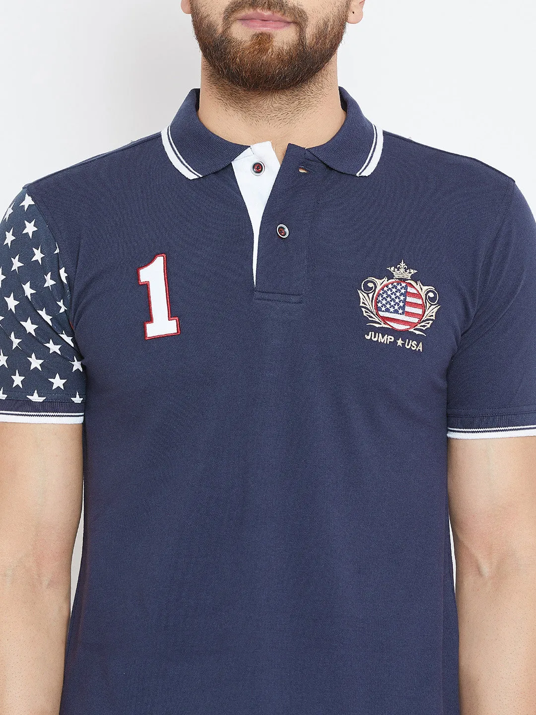 Men Navy Blue Casual Polo Collar T-shirt