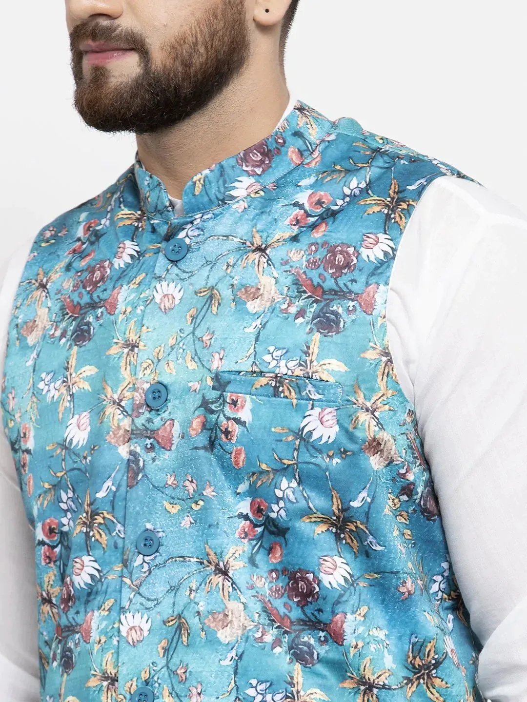 Men Sky-Blue Printed Satin Nehru Jacket